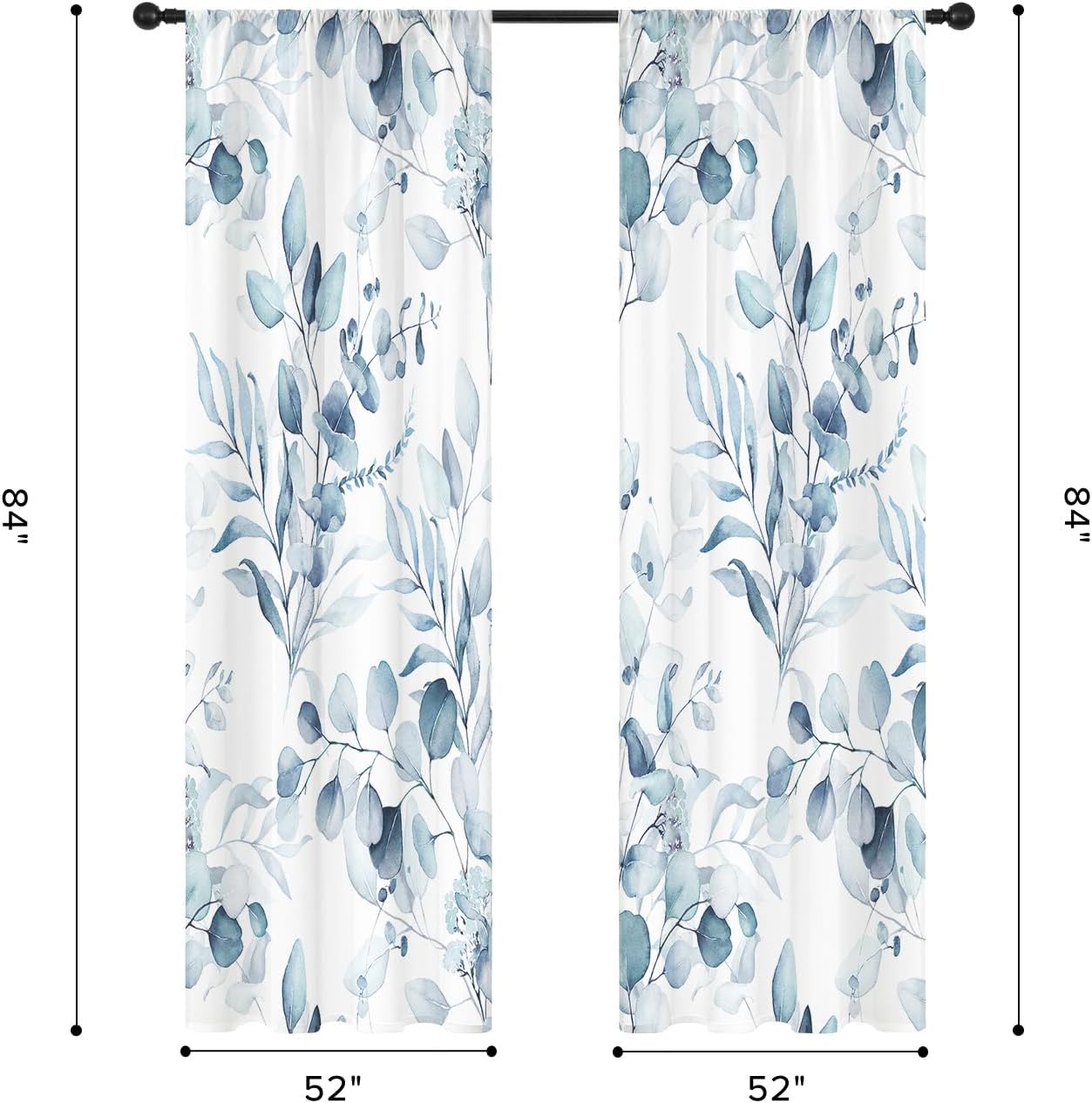 MitoVilla Plant Leaves Sheer Curtains 84 Inches Long 2 Panels, Blue Semi Sheer Curtains Light Filtering, Spring Summer Soft Textured Drapes for Bedroom Living Room Dining Room Window, 52" X 84"