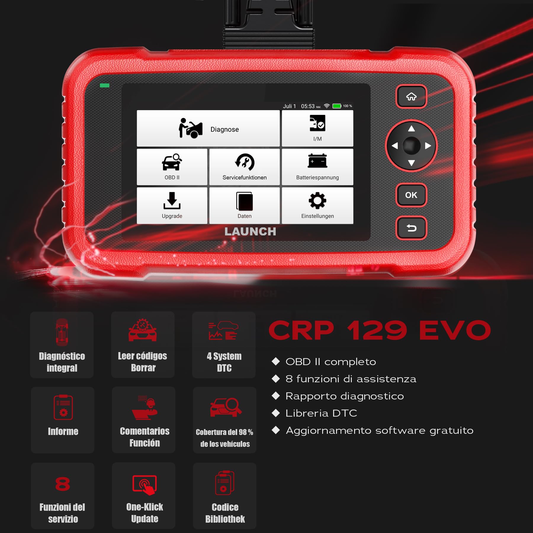 Launch CRP 129 EVO V3 OBD2 Diagnosis Coche Multimarca Profesional, Scanner Automotriz, 4 Sistemas Motor/ABS/SRS/Transmisión, 8 Funciones de Servicio Aceite/EPB/DPF/Batería, Actualizaciones Gratuitas | Datos en vivo, VIN automático, informes, protocolos CA