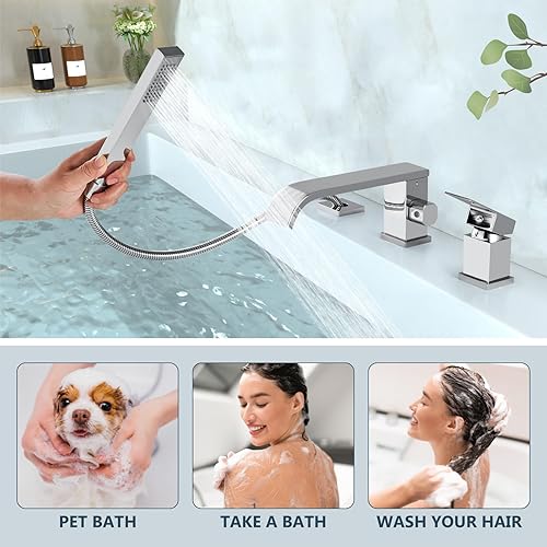 Miniatura 5 de Aolemi Grifo de bañera romano cromado polaco moderno baño bañera relleno larga cascada caño con rociador de mano ducha 3 agujeros sola manija