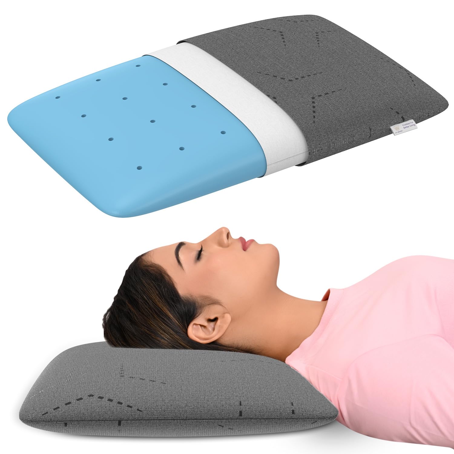 MY ARMOR Cooling Gel Memory Foam Pillow for Neck Pain & Shoulder Pain| 2 Years Warranty | Orthopedic Pillow for Sleeping, Thin Size - 4 Inch Thick, with Grey Colour Pillow Cover - Pack of 1