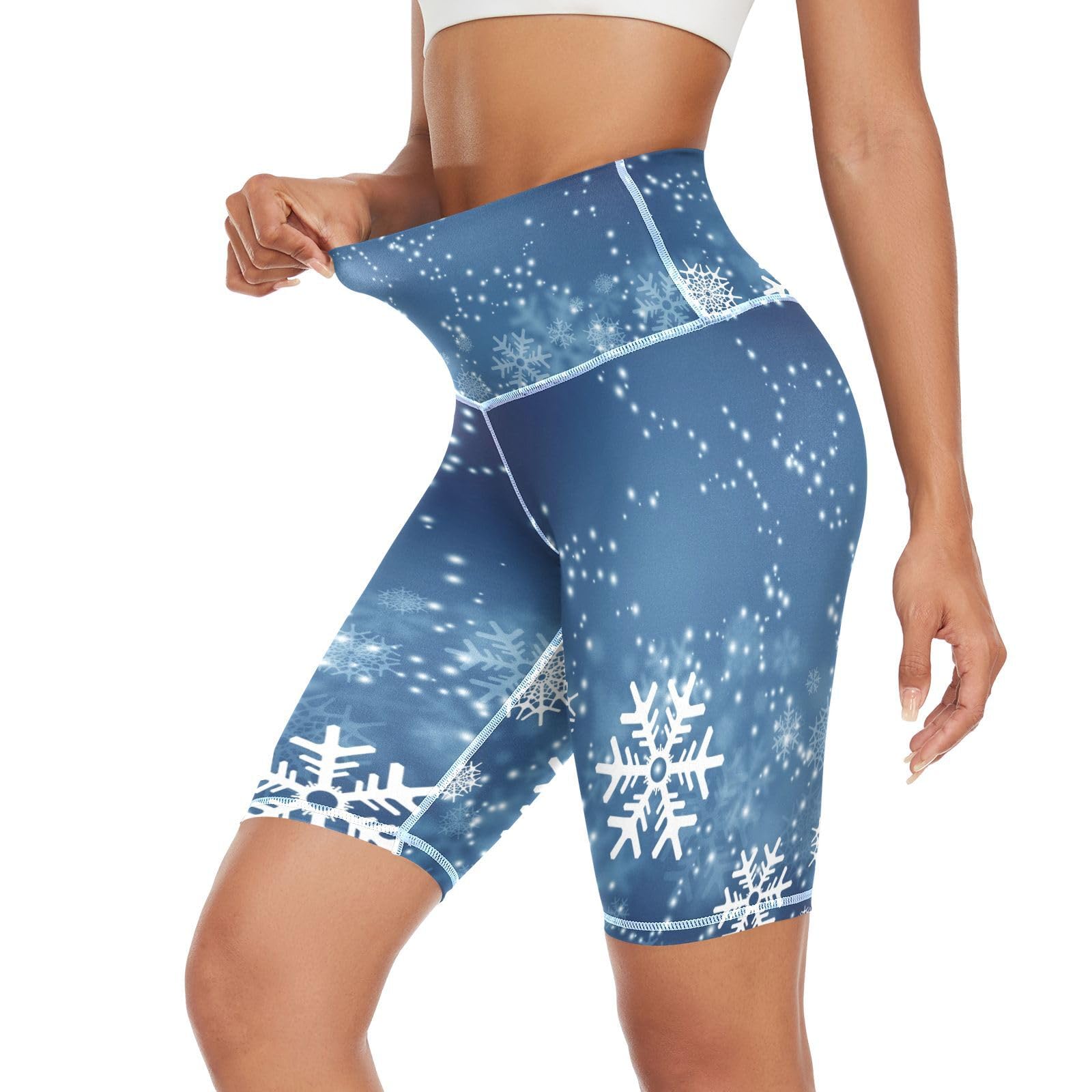 Aflyko Christmas Women Compression Pants Blue Xmas Snowflake Stretchy Yoga Leggings Athletic Bikers Bottoms Wide Waistband Cycling Running Shorts, M