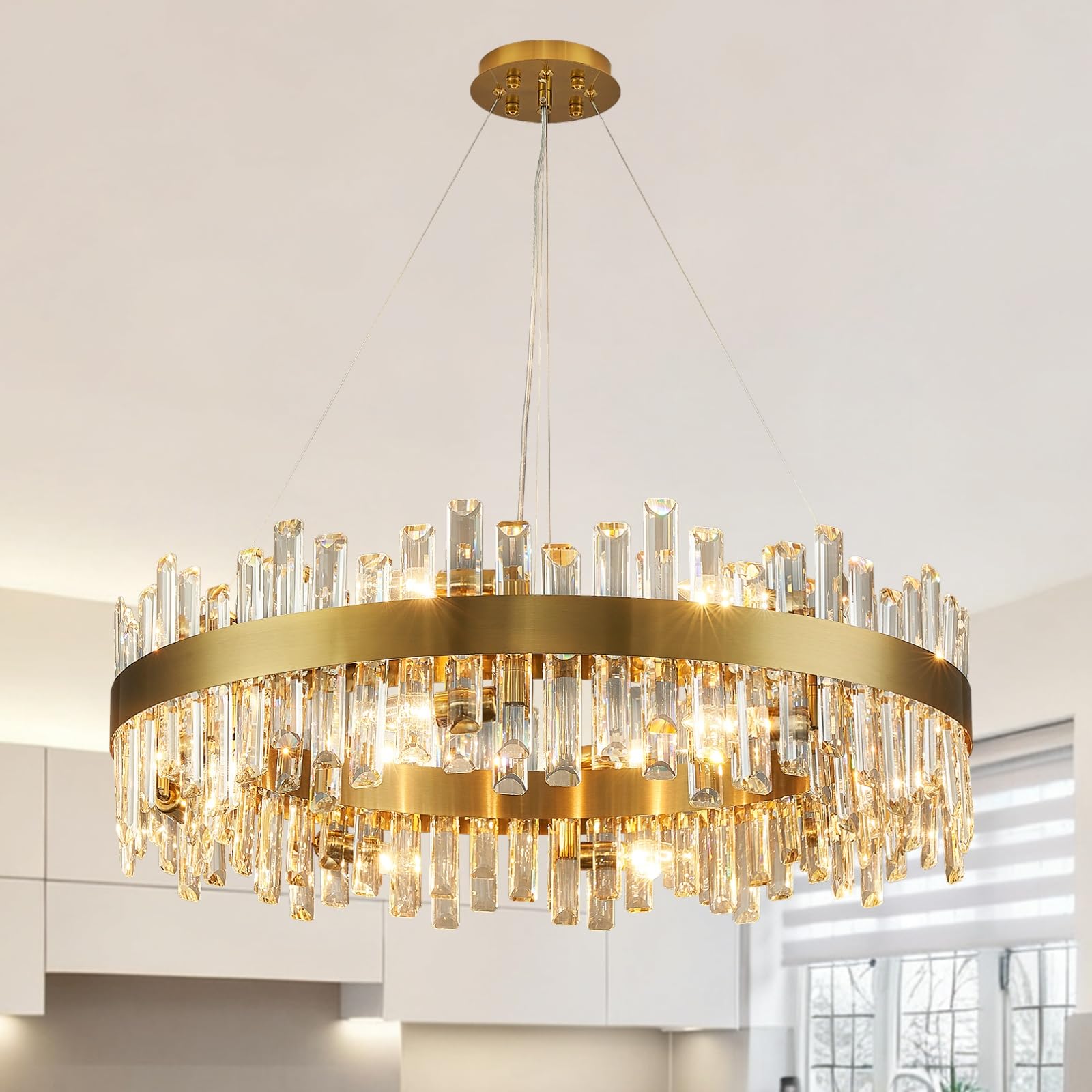 Siljoy Modern Crystal Chandelier 16 Lights Brushed Gold 2-Tiers K9 Crystal Raindrop Chandelier Luxury Dimmable Crystal Pendant Ceiling Light for Living Room Dining Room Entryway Foyer D31.5''
