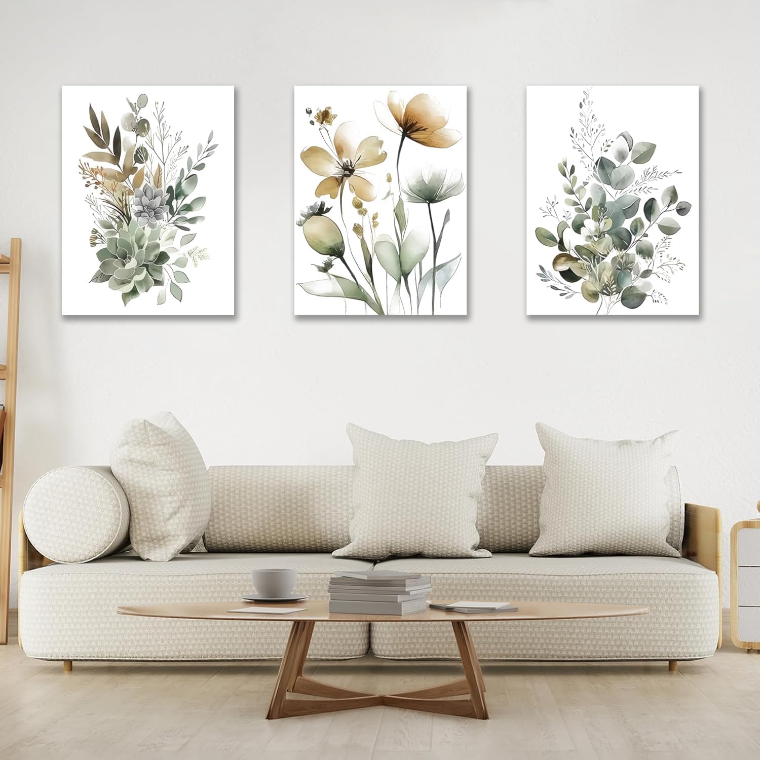 Zielone botaniczne płótno ścienne sztuka mądry zielony Boho kwiatowy plakat, obrazy do salonów, sypialni i biur (20 x 30 cm x 3/ramka wewnętrzna)
