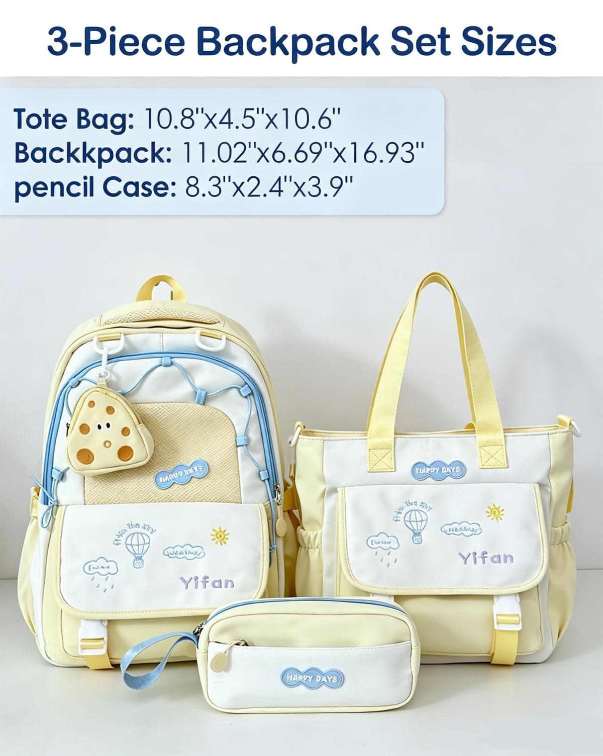 Mochila Escolar Niña Adolescente, Conjunto de Bolsos Escolares con Bandolera y Estuche, Gran Capacidad, Diseño Kawaii,3 Piezas para Adolescentes, Primaria y Secundaria (Yellow)