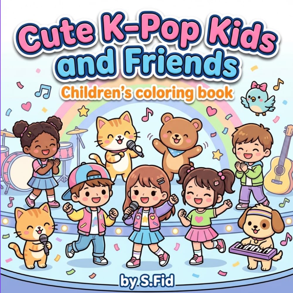 Cute K-Pop Kids and Friends: Children's coloring book