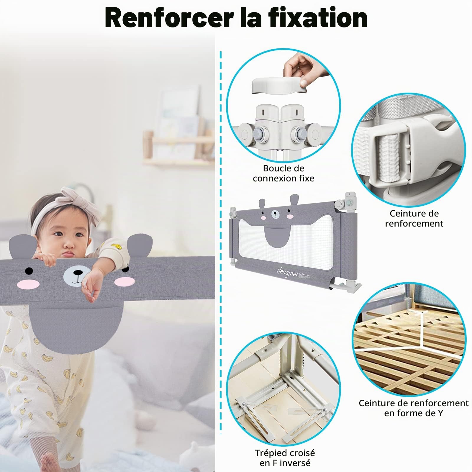 HENGMEI Barrière de lit 180 cm - Barrière de sécurité - Protection anti-chute - Réglable en hauteur - Pour le levage vertical des bébés et des enfants - Gris, petit ourson