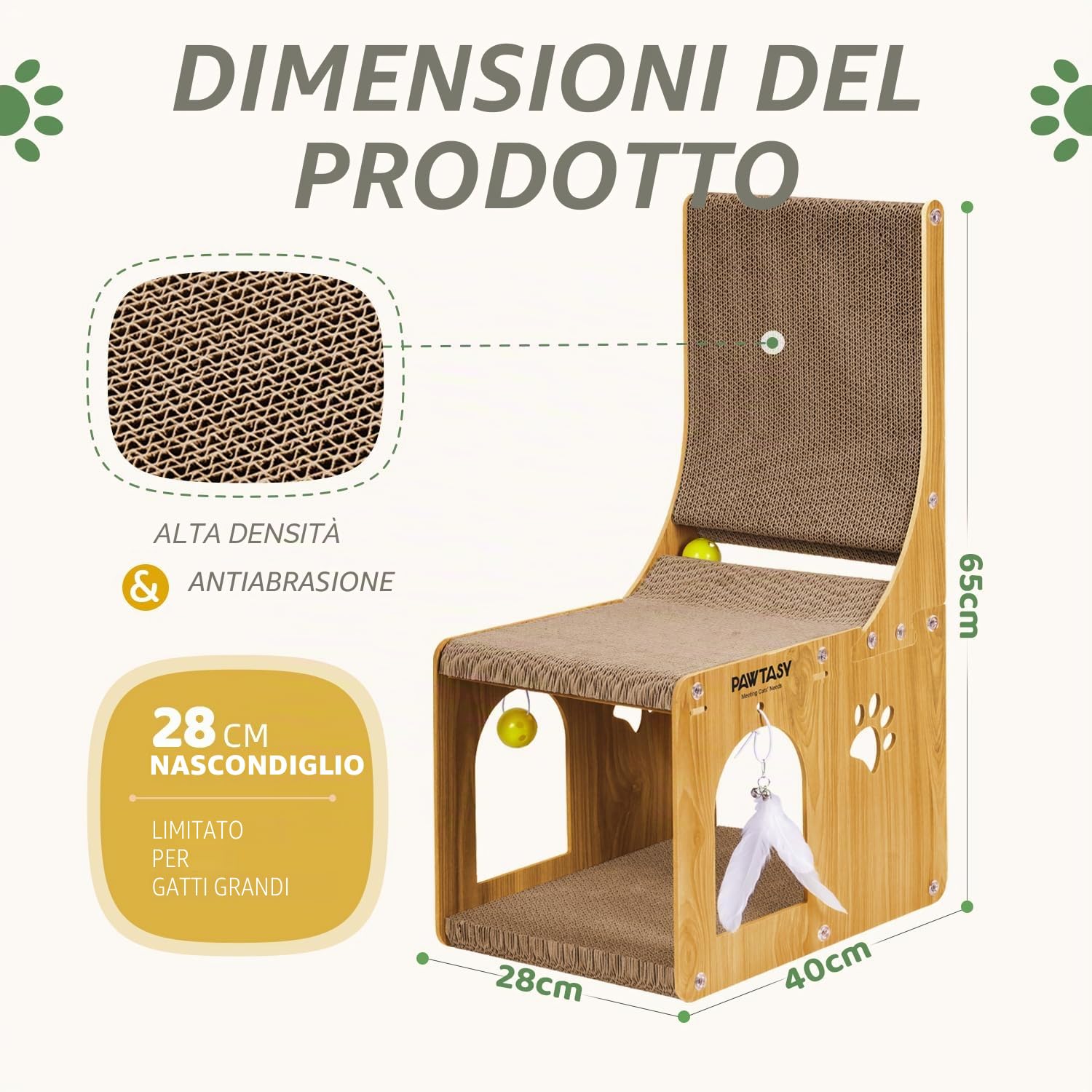 Pawtasy Tiragraffi gatti in cartone 2 in 1 per gatti da parete e angolo, grattacieli gatti con palla giocattolo