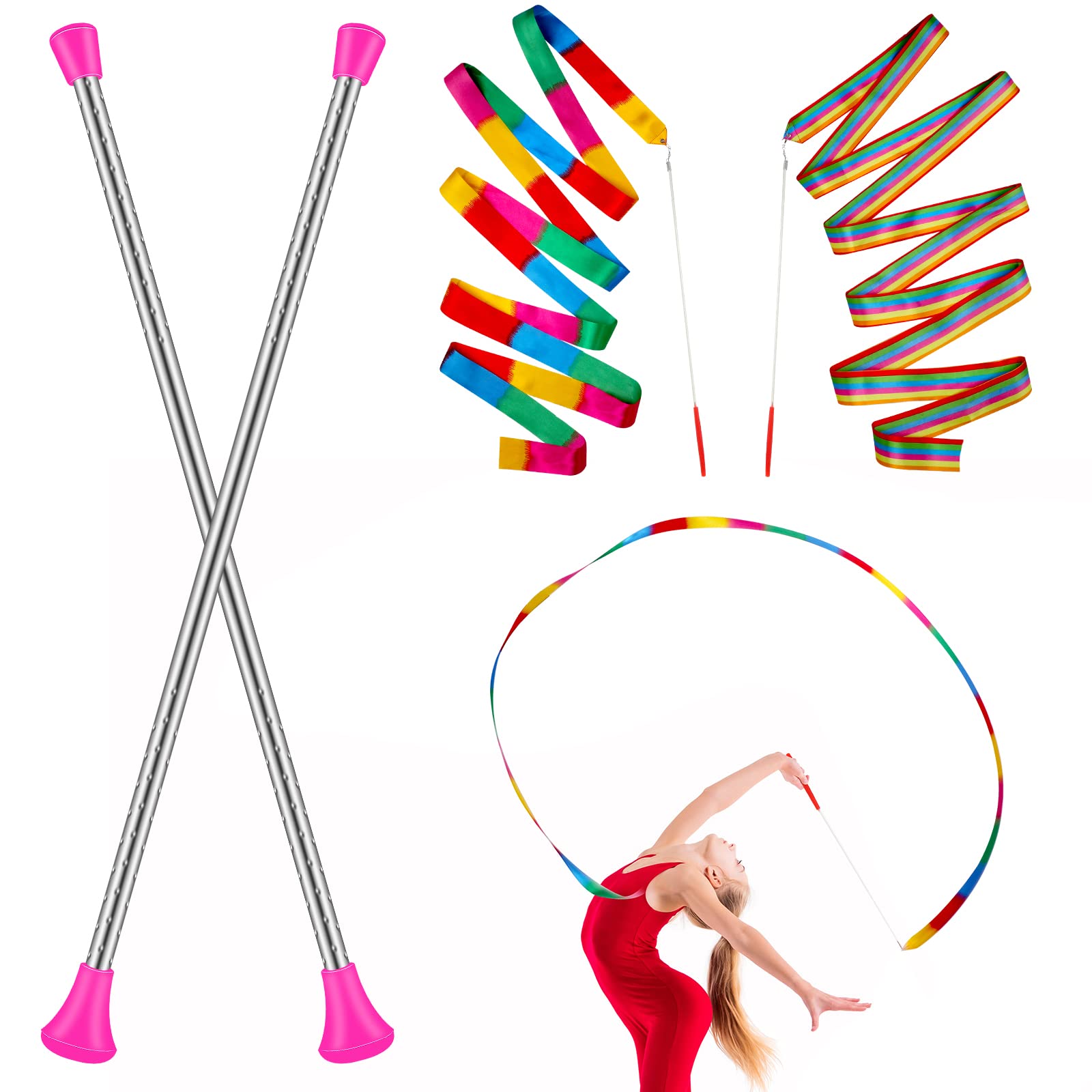 4 Pieces Twirling and Marching Christmas Baton - Standard Stainless Steel Mini Shaft Rod with Rubberized Tips - Complete with Dance Ribbon Streamer