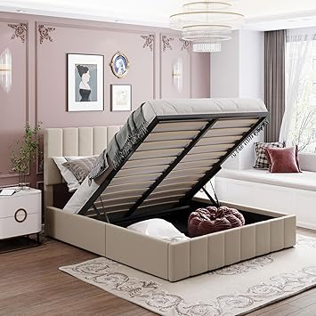 Queen Size Upholstered Platform Bed with Hydraulic Storage - Stylish Beige