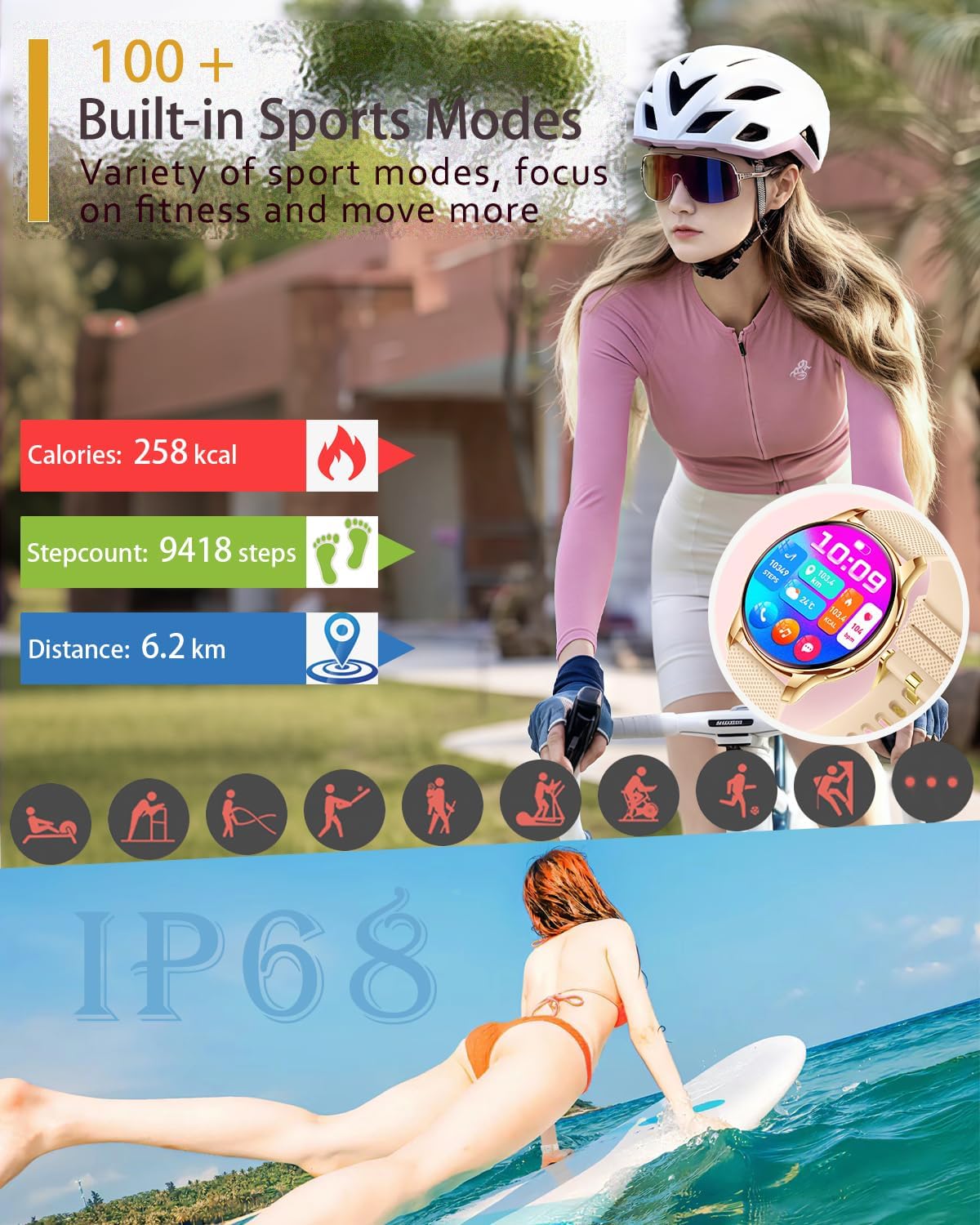 Smart Watches for Women, 1.3" Waterproof Fitness Tracker Smart Watch with Blood Pressure/Heart Rate/Sleep Monitor/Spo2/100+ Sports/Bluetooth Call/DIY Watch Face, Smartwatch for Android Phones/iPhone