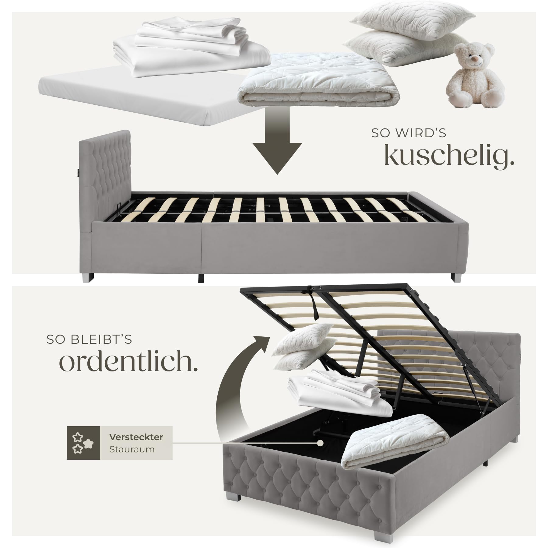 tectake® Polsterbett, 120x200cm, mit LED-Beleuchtung, 200kg Belastbarkeit, Stauraum, Gasdruckfeder, Chesterfield Samtbezug, Bettgestell, Lattenrost, Schlafzimmermöbel, Bettkasten - dunkelgrau