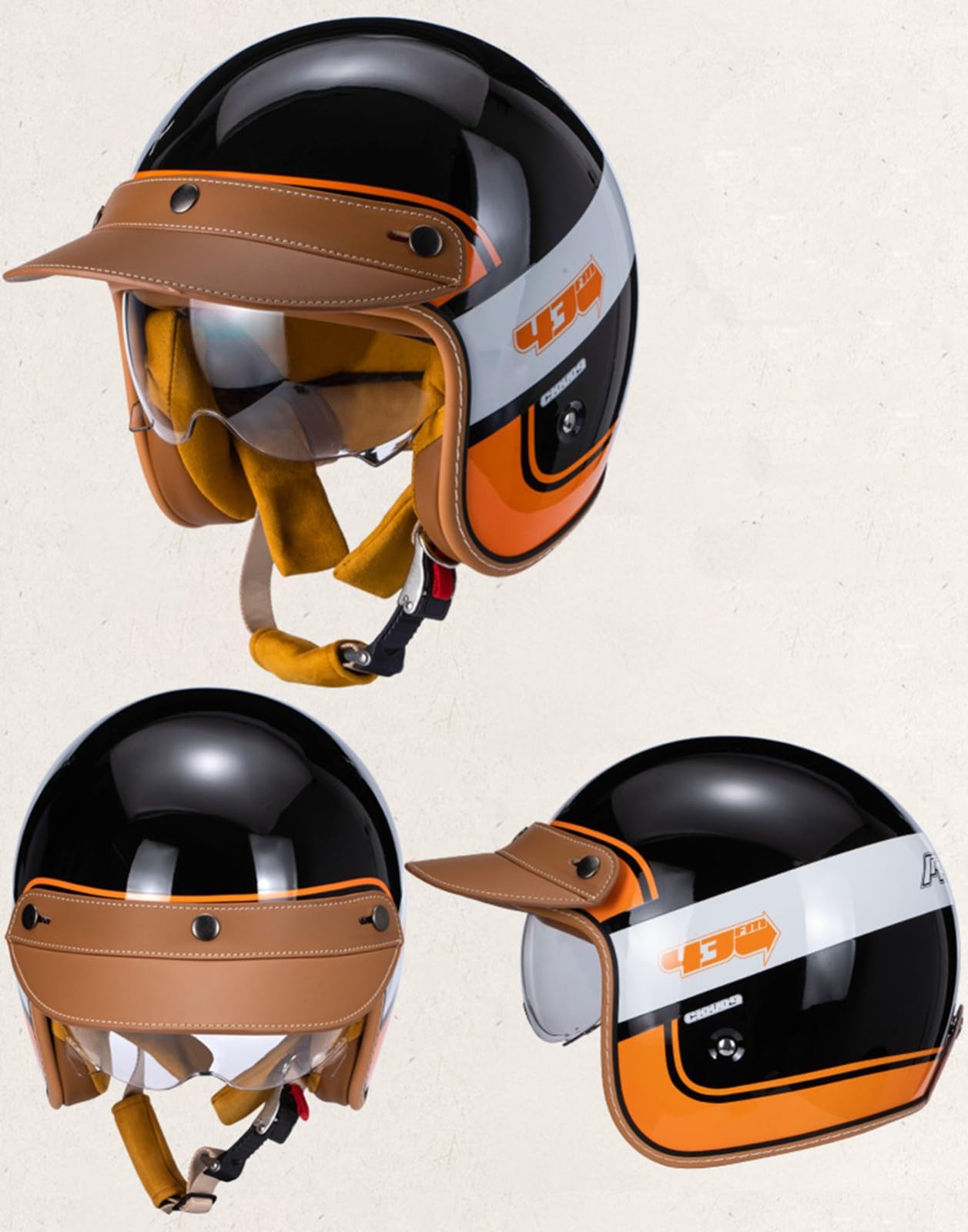 Vintage 3/4 Casque Moto à Face Ouverte Certifié ECE Dot Casque Jet Avec Pare -Soleil Et Doublure Intérieure Amovible Casque De Street Bike Pour Cruiser Chopper Scooter A,M=54-57CM