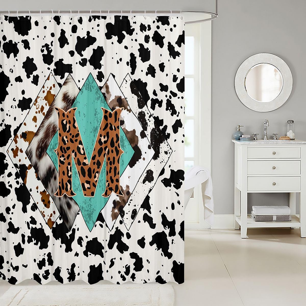 Rideau de douche lettre M taille L léopard monogramme alphabet imprimé cuir de vache rideau de bain pour adultes design rustique rétro rideaux de bain imperméables avec 12 crochets pour baignoire