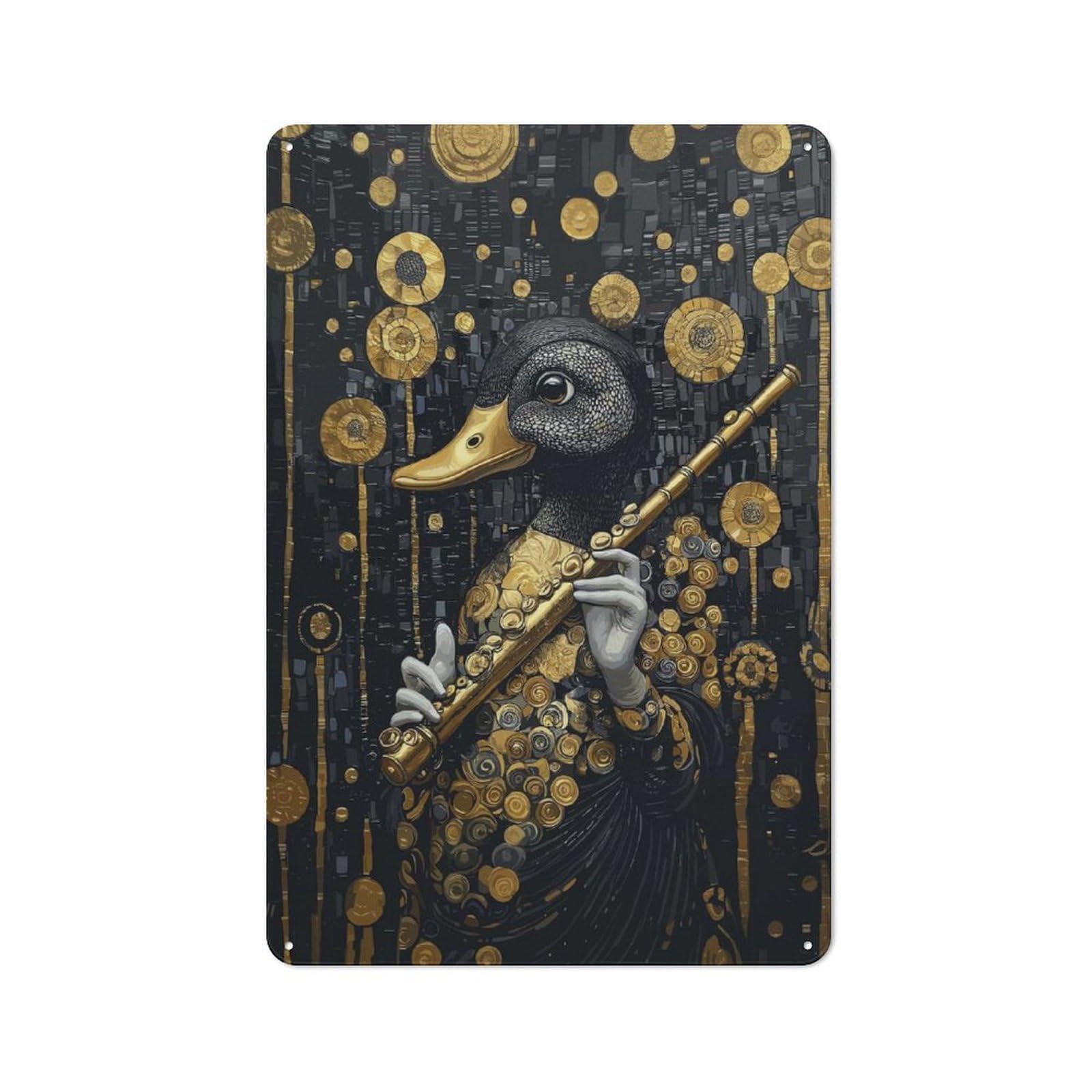 Junmoney Duck Flutist In Gold 30X20cm Retro Metal Plaque With For Kitchen Or Home Bar, For Garage, Workshop And Man Cave Decoration