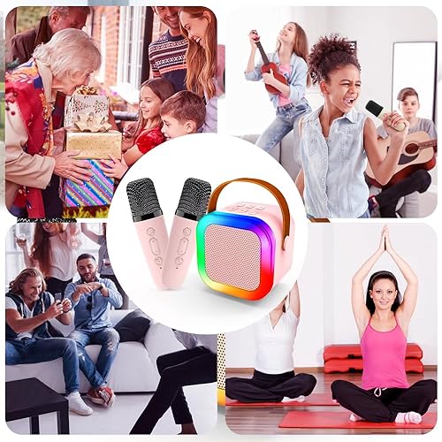 Miniatura 7 de Mini máquina de karaoke para niños y adultos, altavoz Bluetooth portátil con 2 micrófonos inalámbricos de karaoke, juguetes musicales, regalos de