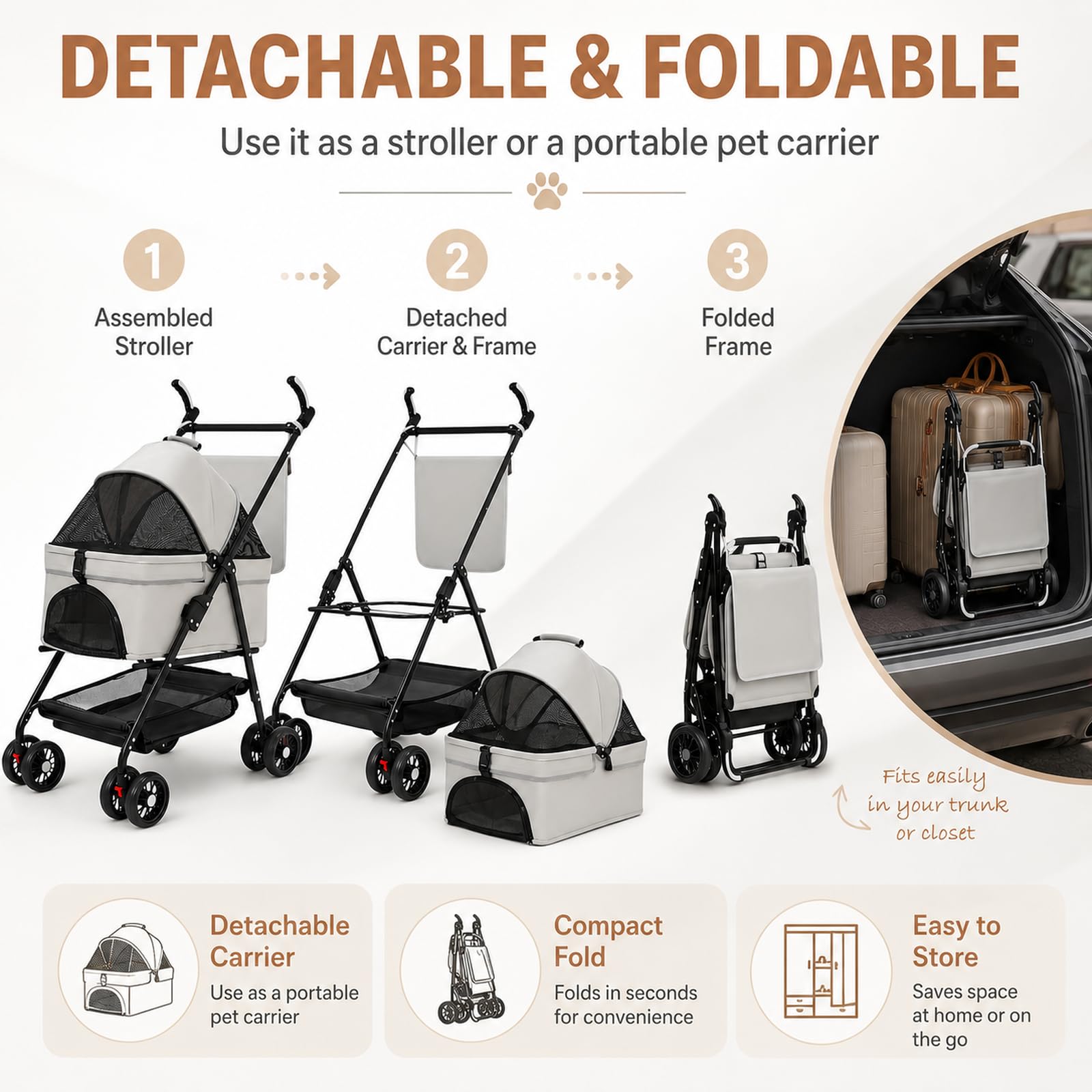 Passeggino pieghevole per animali domestici, fino a 20 kg, passeggino per cani con cestino per il trasporto rimovibile, passeggino pieghevole per gatti fino a 44 lbs(nero)