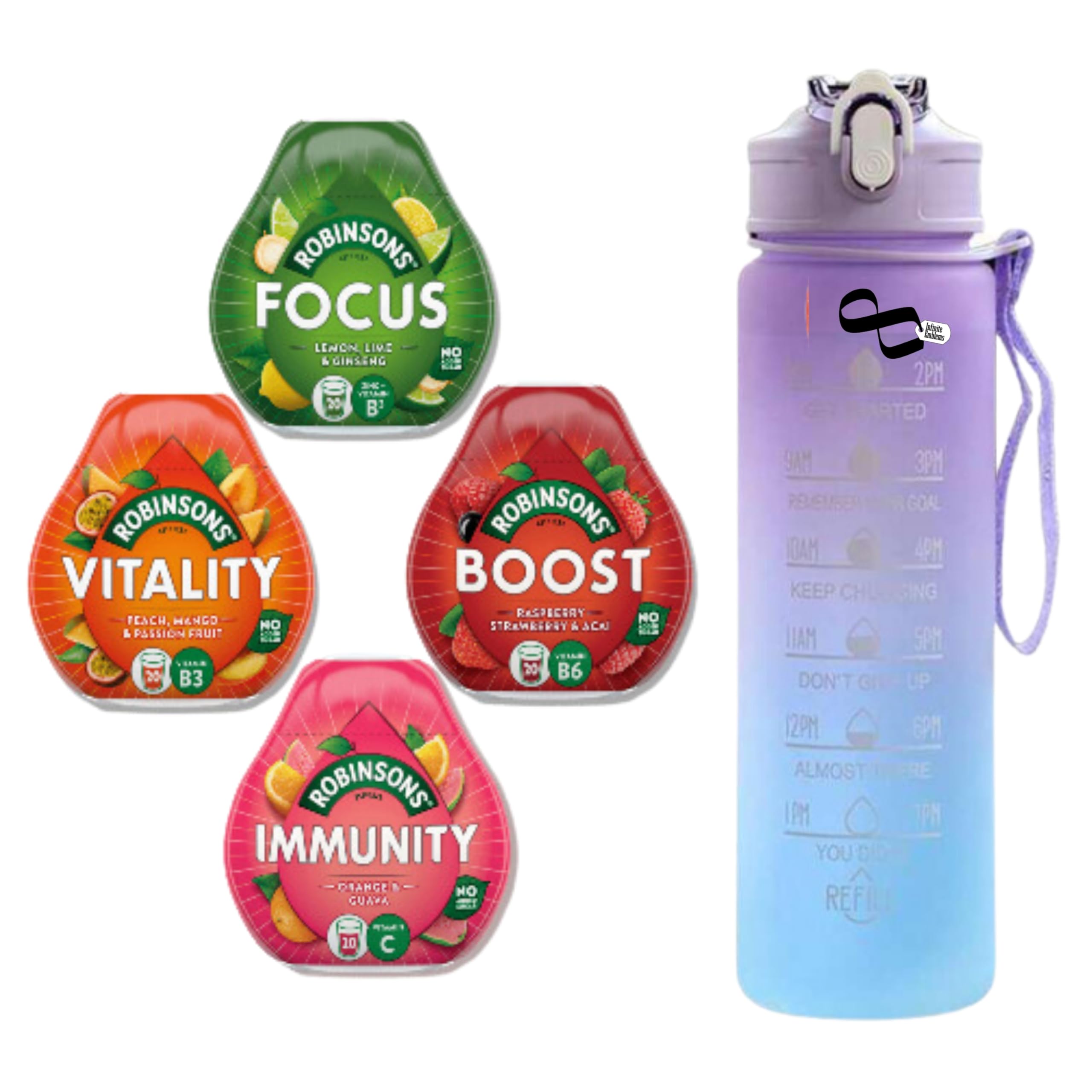 Travel mini squash concentrate No Added Sugar Flavouring Water Drops Bundle With Robinsons Squash Mini Boost Vitality Focus & Immunity fruit drink (4 Packs) & Infinite Emblems Water Bottle
