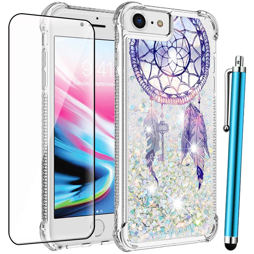 AlkaxCase for iPhone SE 2020 & iPhone SE 2022, iPhone 7 Case, iPhone 8 Phone Case with Tempered Glass Screen Protector, Liquid Glitter Bling Floating Cute TPU Women Girls Shockproof Protective Case