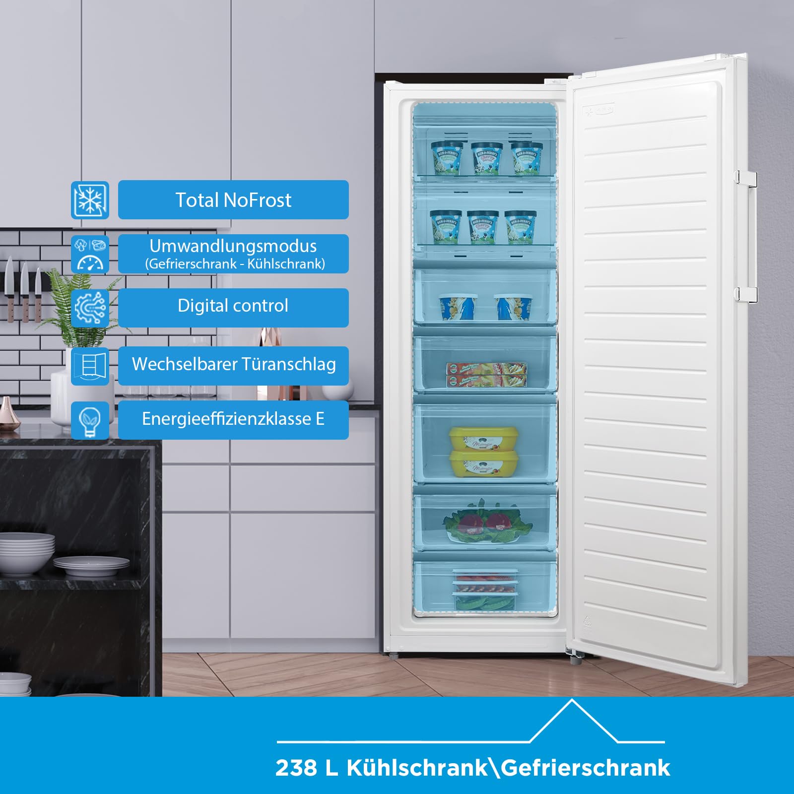 Midea MDRU333FZE01 Gefrierschrank/Kühlschrank/172,2 cm hoch/NoFrost/Flexible Kühl- und Gefrierfunktion/Superkühl/238L/Große Fächer/Zero Clearance/Easy Open Handgriff/Wechselbarer Türanschlag/Weiß