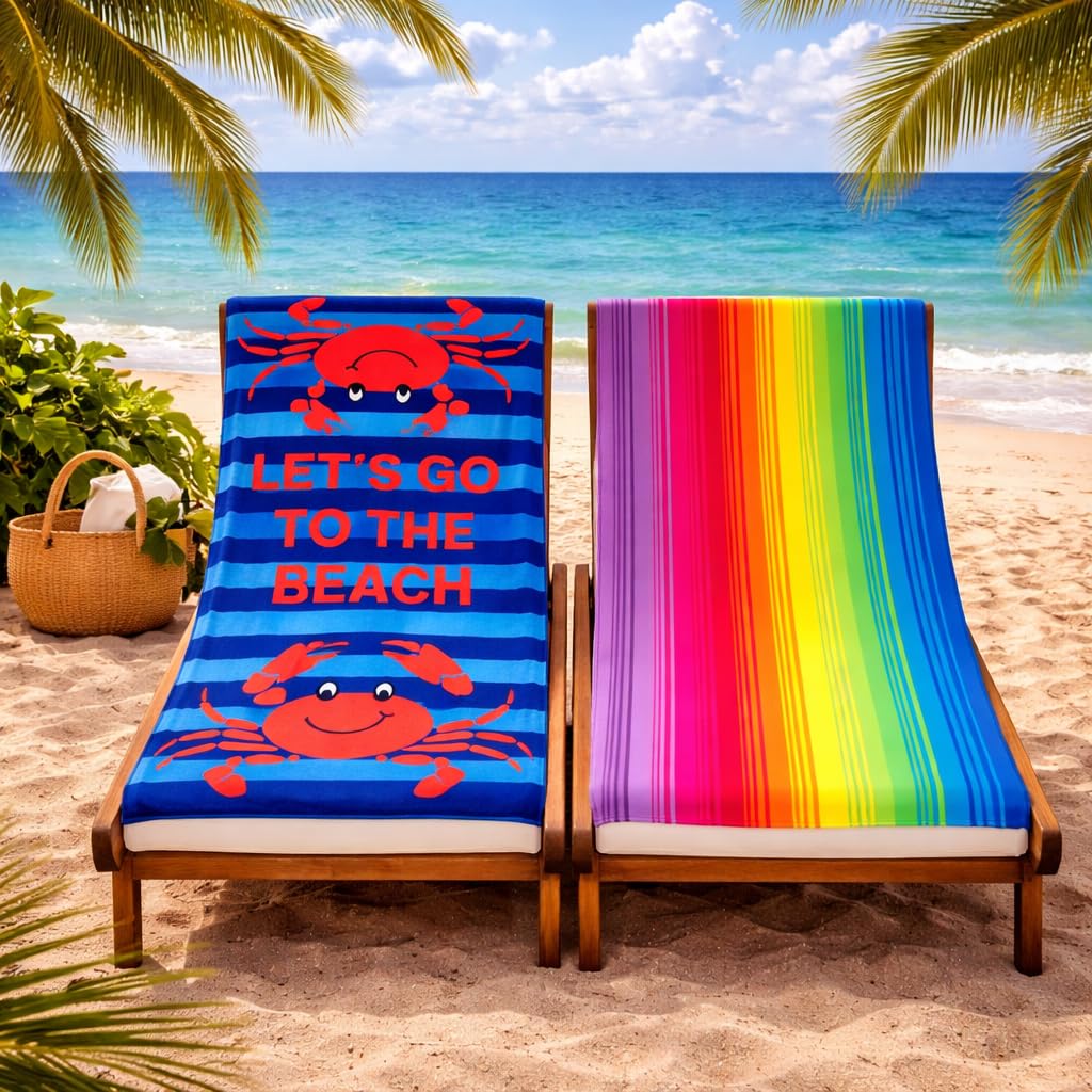Adore 2 Pack Microfibre Beach Towels 70x140cm - Sand Free Lightweight Quick Dry - Soft Travel Towels for Beach and Pool, Lets Go and Stripes
