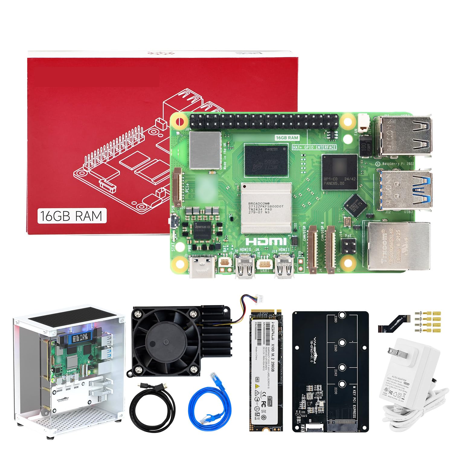 Yahboom Pi 5 16GB Starter Kit 64GB Card Readers Kit,Pi 5 Case,Dual 4K Micro HD Out Cables and User Manual Provide Openclaw Deployment