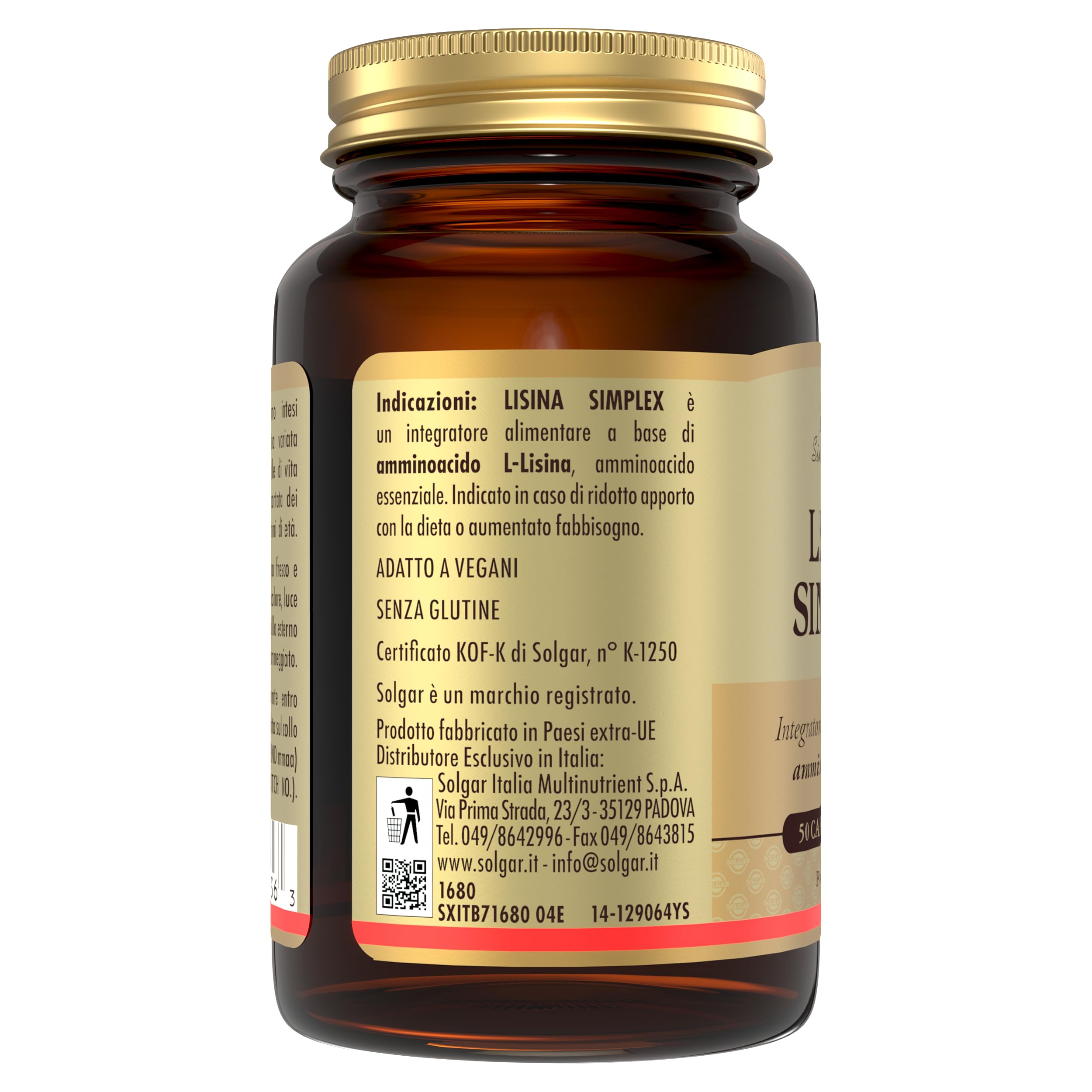 Solgar LISINA SIMPLEX, 50 capsule vegetali – L‑Lisina HCl – amminoacido essenziale