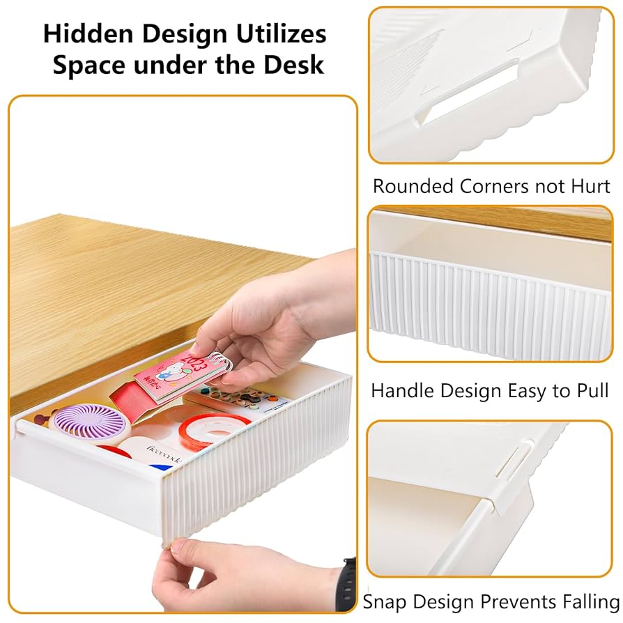 Konnectu2122 Under Desk Drawer, Self-Adhesive Slide Out Storage Organizer 4 Customizable Dividers 2 Pack White
