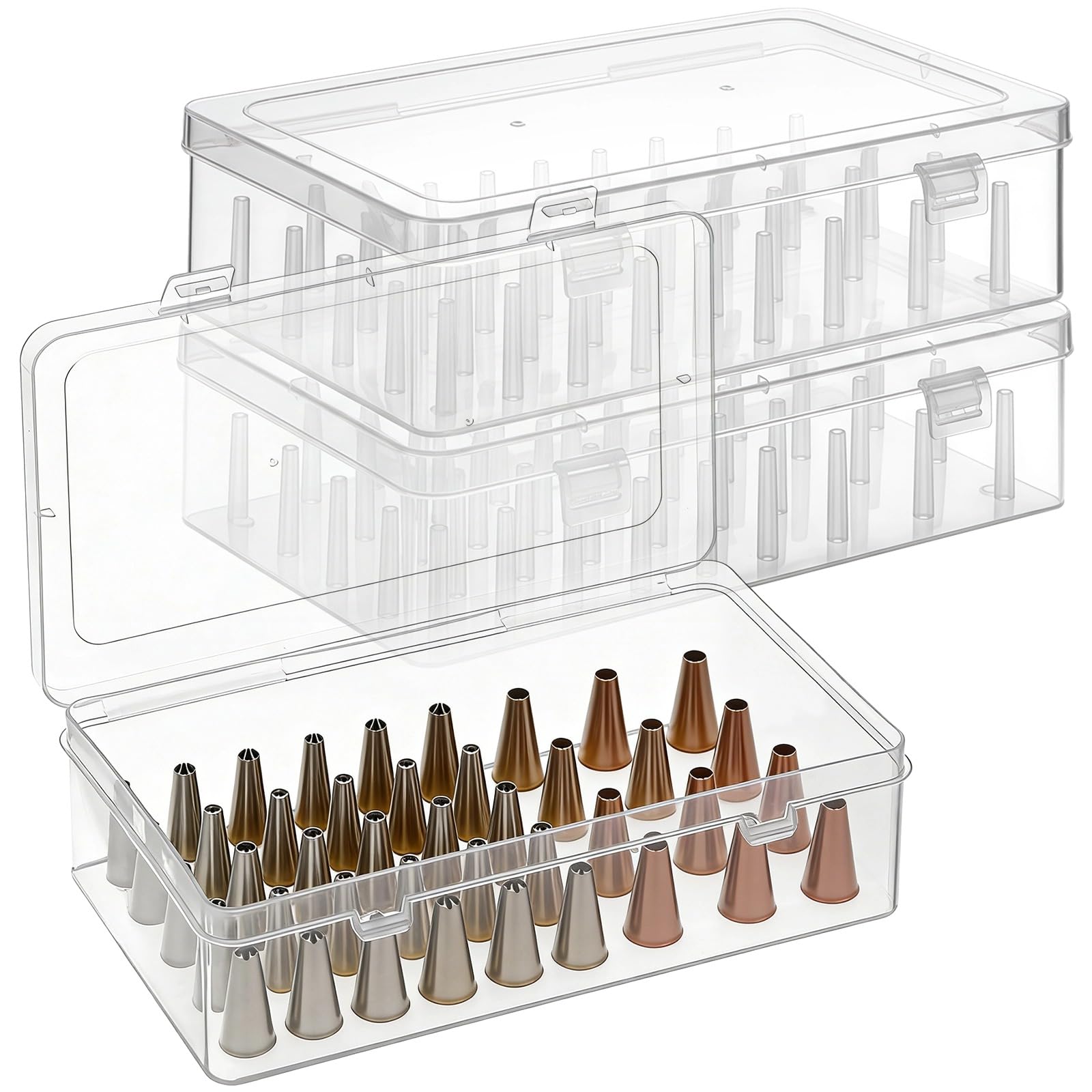 3 Stk. Spritztüllen-Organizer mit 126 festen Steckplätzen, transparente PP-Kunststoff Aufbewahrungsbox für Back- und Tortendeko, stapelbar und platzsparend, 9,3 x 5,3 x 2,6 Zoll