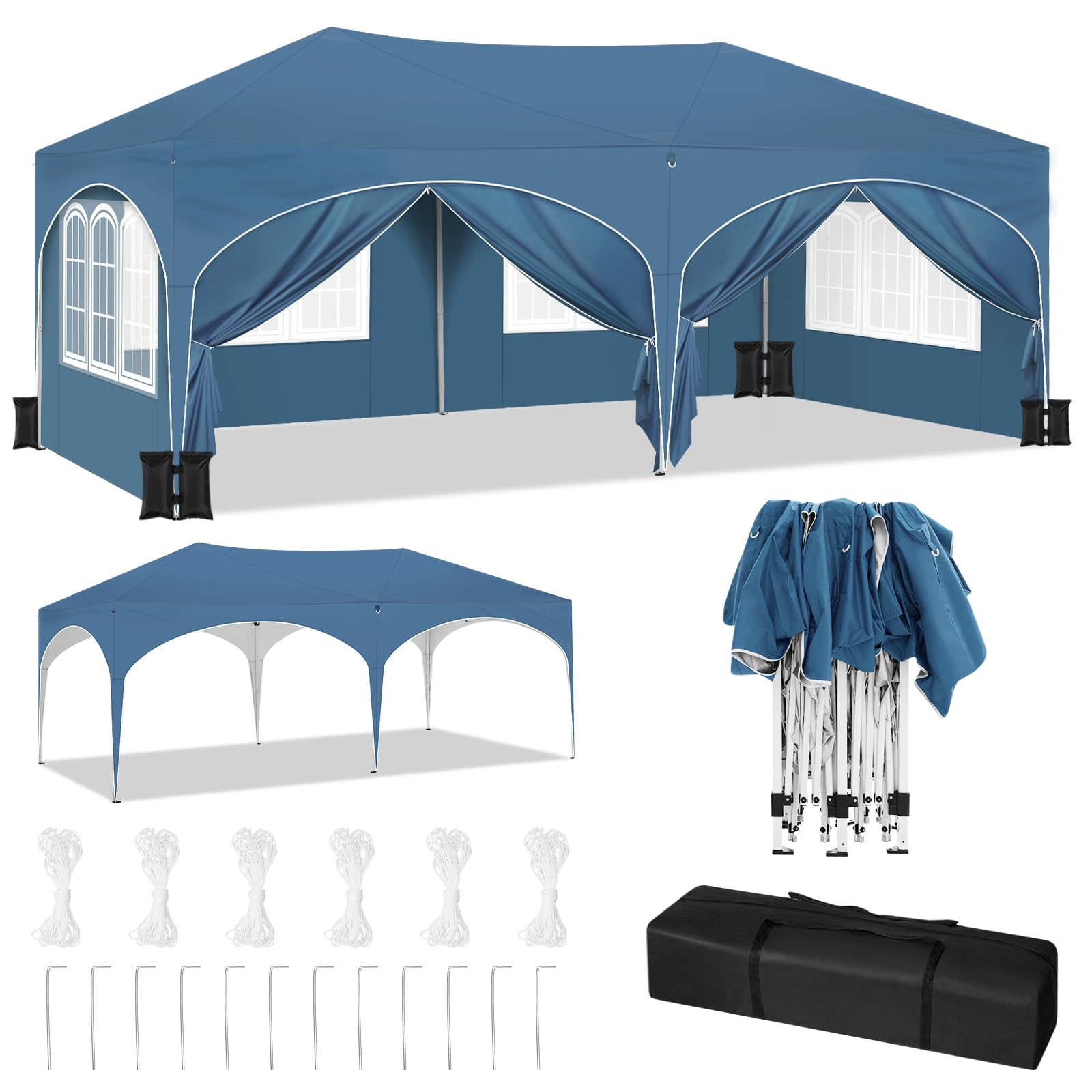 WOLTU Pabellón de Jardín Cenador Plegable Pérgola con Techo Carpa para Exteriores de Tela Oxford 3x6m,con Paredes Laterales, Camping y Playa,4PCS Bolsas de Arena Vacía para Carpas,Azul