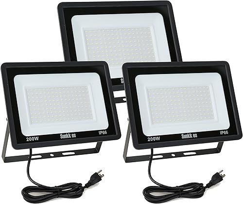 Paquete de 3 luces de inundación LED de 200 W, impermeable IP66 para exteriores, luz de seguridad brillante de 24000 lúmenes, lámpara exterior,