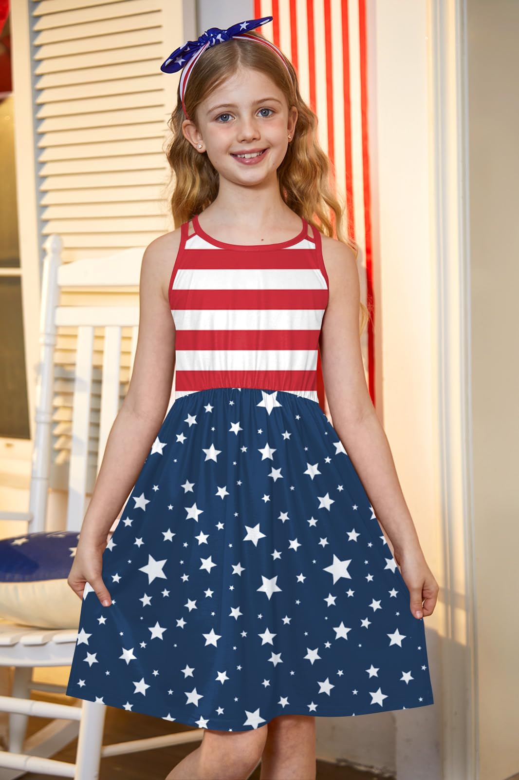 BesserBay Vestito estivo da bambina, casual, senza maniche, a incrocio, carino, plissettato, prendisole midi con tasche, 3-14 anni