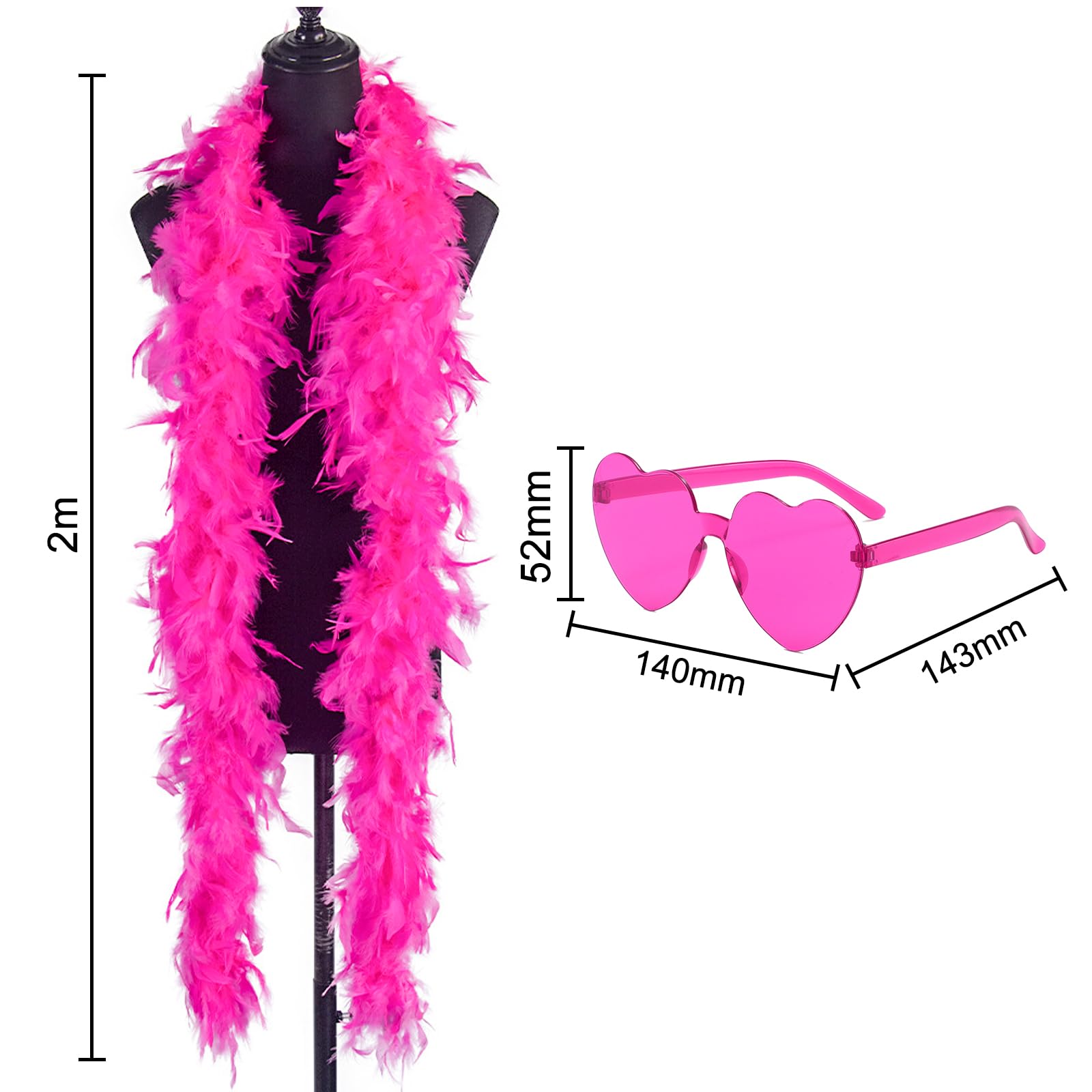 EDLMKM 1 Set Hot Pink Feather Boa 2M and Heart Rimless Sunglasses, Turkey Boa Feathers for Halloween Christmas, Carnival - Image 2