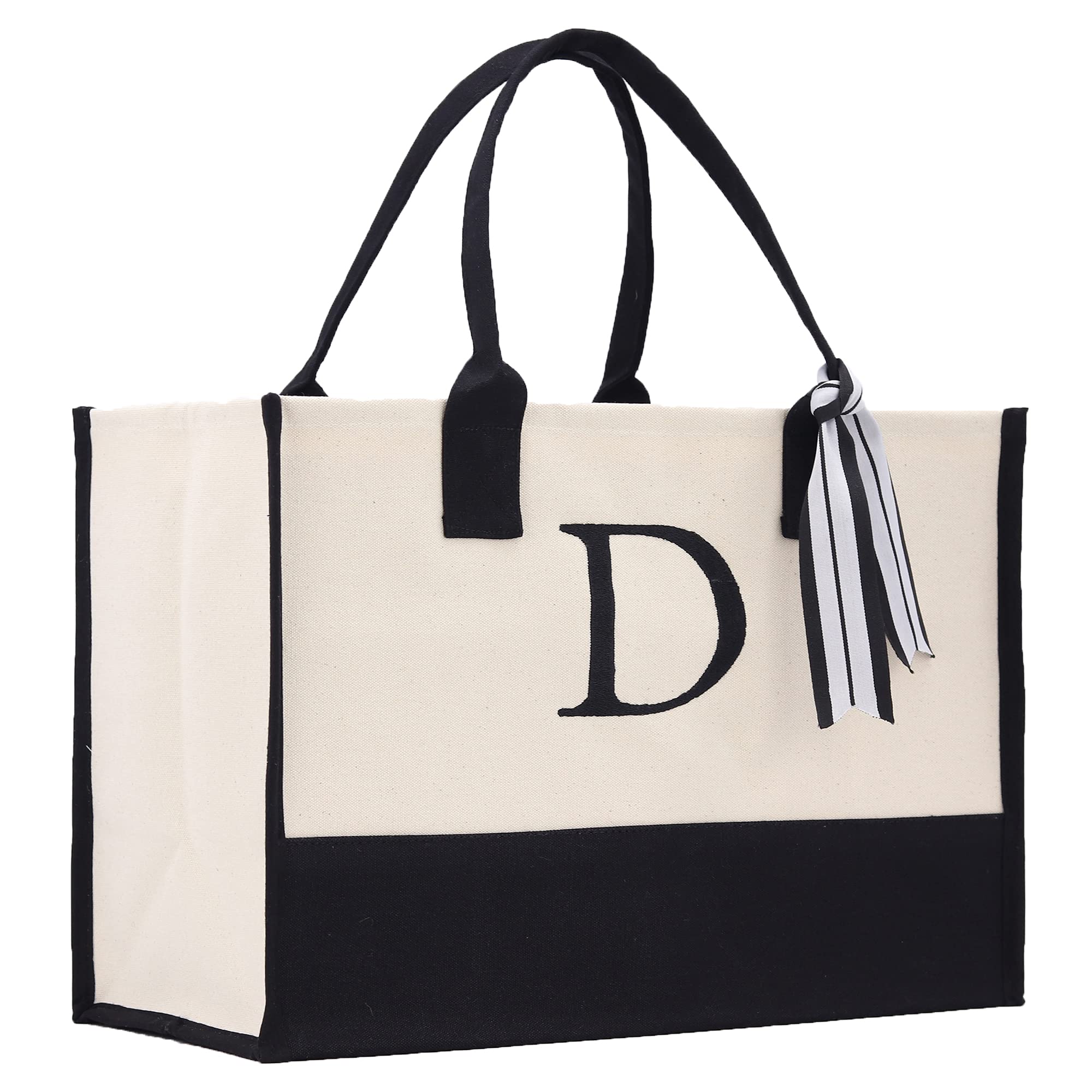 VANESSA ROSELLA Personalized Gift Monogram Initial 100% Cotton Two Tone Chic Tote Bag with Customize Option - Black