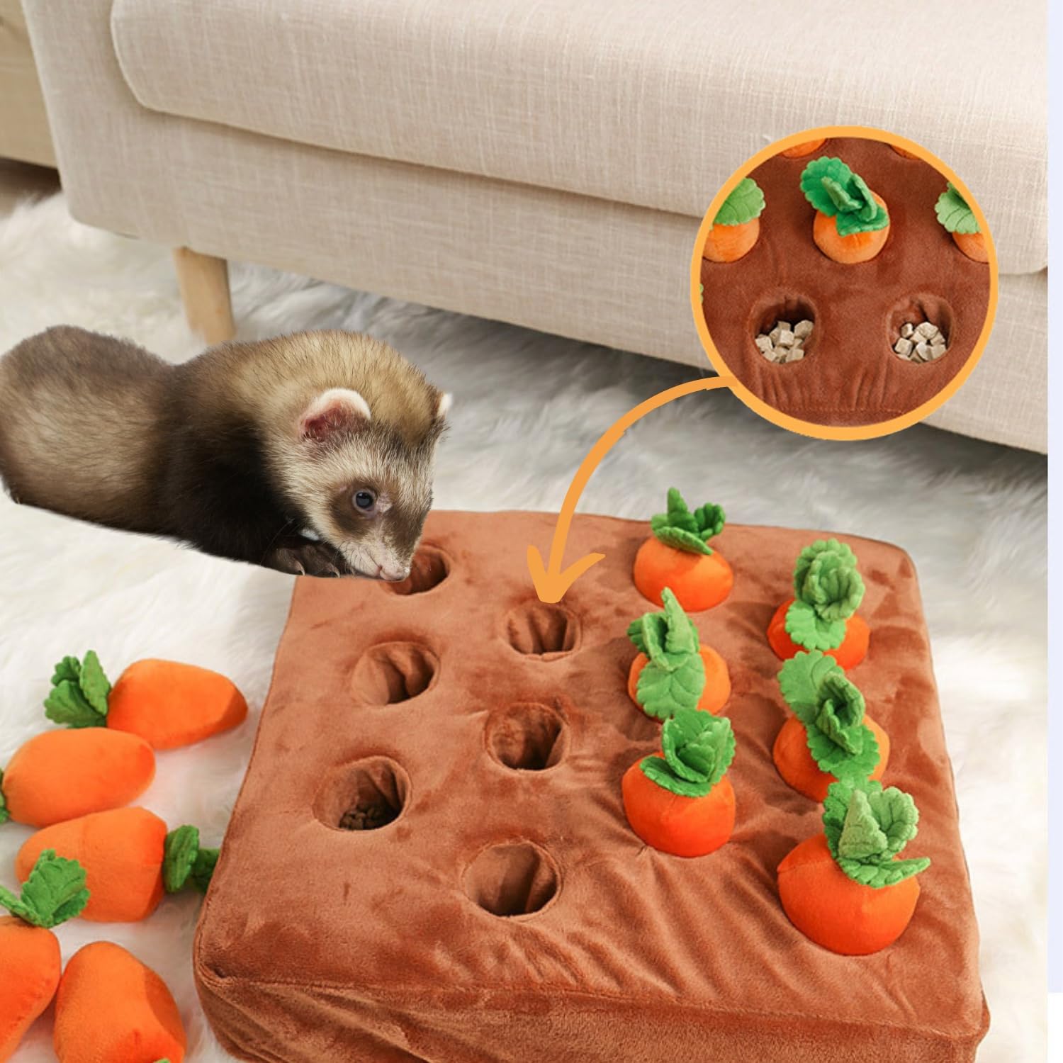 Tapis à renifler interactif pour Furet - Jouet d'enrichissement de friandises pour Petits Animaux, Lapin, Chinchilla, Cochon d'Inde, Hamster (12 Carotte)