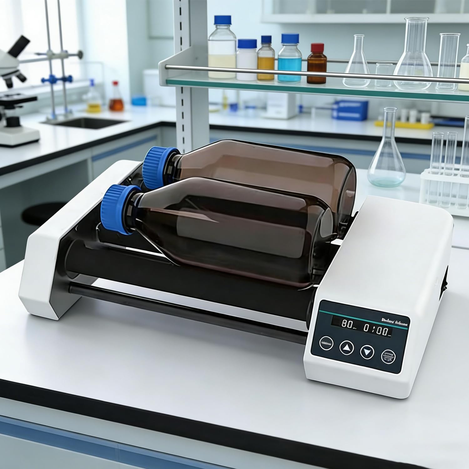 Mezclador digital de rodillos, agitador de botellas de laboratorio de 4 rodillos, velocidad 20-80 RPM, capacidad de hasta 1 litro de botella de reactivo o 2 kg, temporizador de 1 min-23 h59 min, para