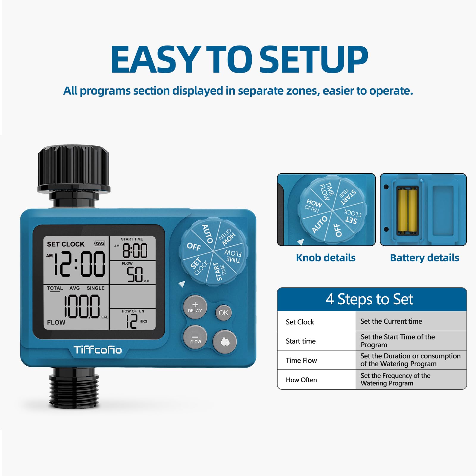 TiFFCOFiO Timer programmabile per controllo del volume dell'acqua, timer per tubo flessibile con contatore dell'acqua, irrigazione automatica e manuale per irrigazione, giardino e sistema a goccia