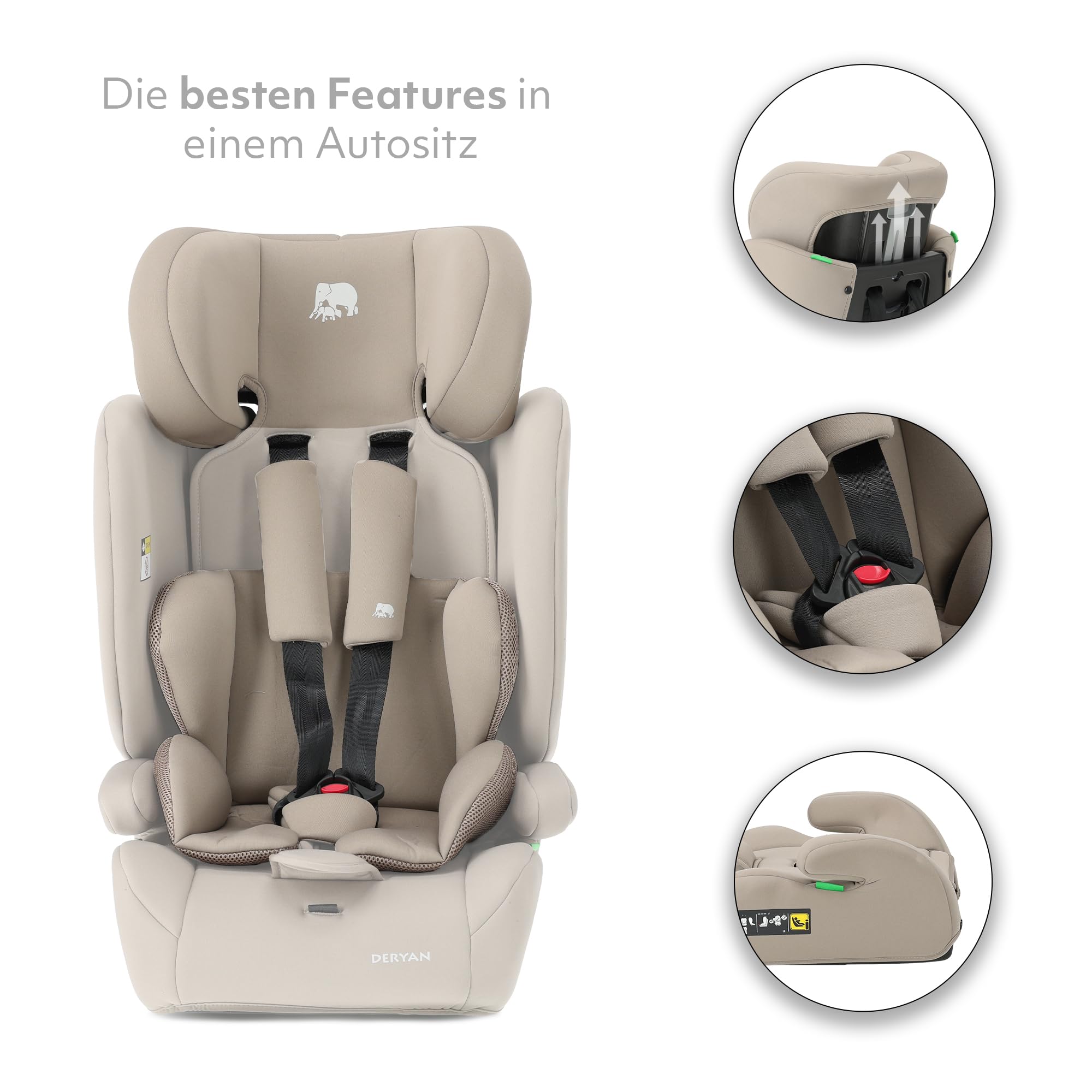 Deryan Carter i-Size Kindersitz, 75–150 cm – Gruppe 1/2/3, Autokindersitz mit Gurtbefestigung, Seitenaufprallschutz, Verstellbare Kopfstütze, Abnehmbarer Bezug, 1,5 bis 12 Jahre - Nougat