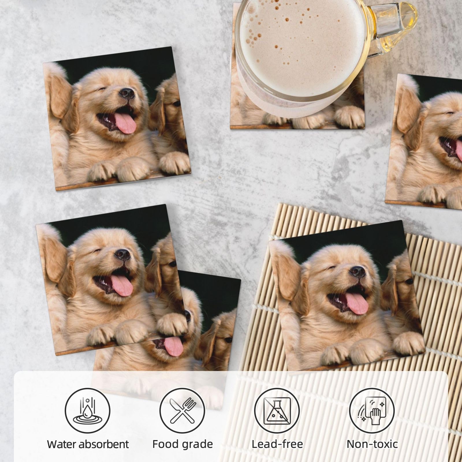 Set di 6 sottobicchieri in ceramica con stampa di cuccioli di Golden Retriever, accessori eleganti per la cucina e la casa