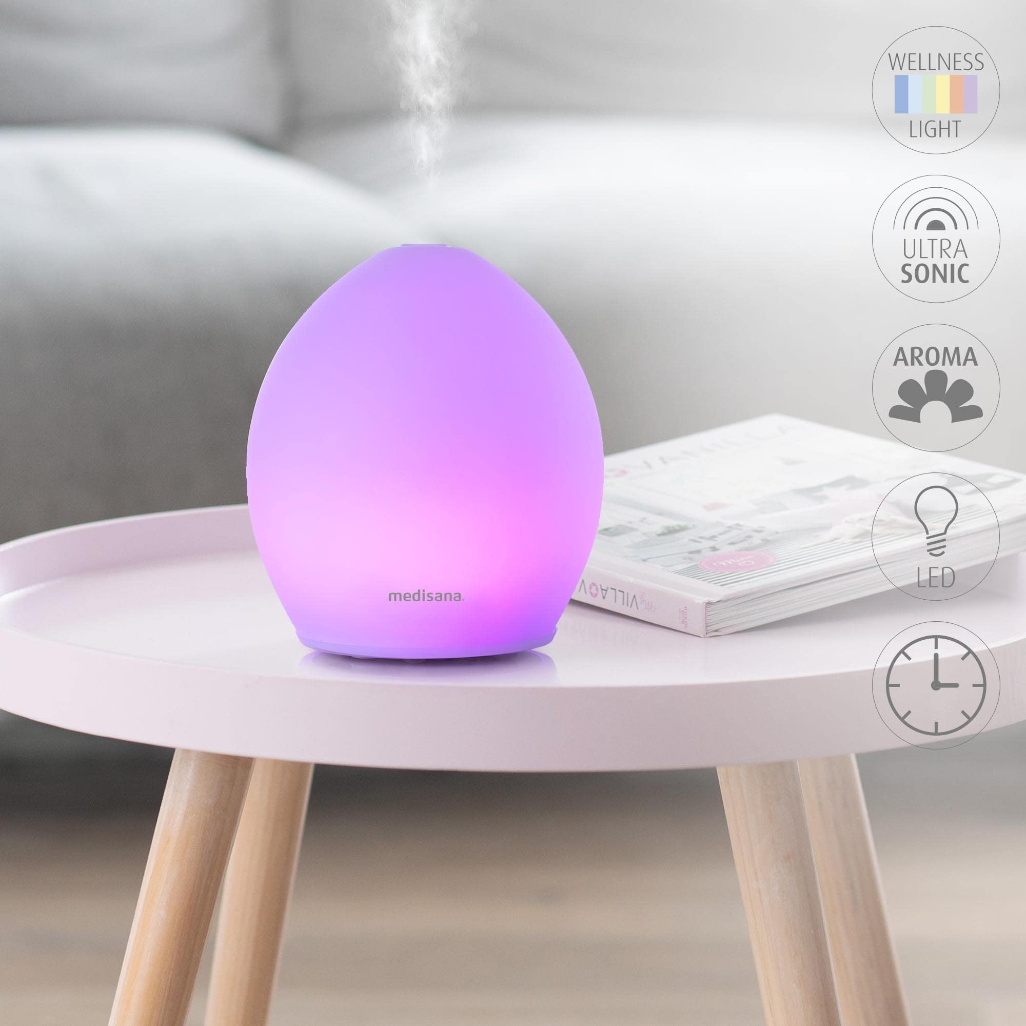 medisana | AD 635 | Diffusore d'aromi | Vetro satinato | Fresco per ambienti | Lampada profumata con timer | Fragranza ambiente elettrico | Oli essenziali | Luce wellness in 6 colori | 100 ml | con luce benessere e timer, diffusore profumo ambiente con te