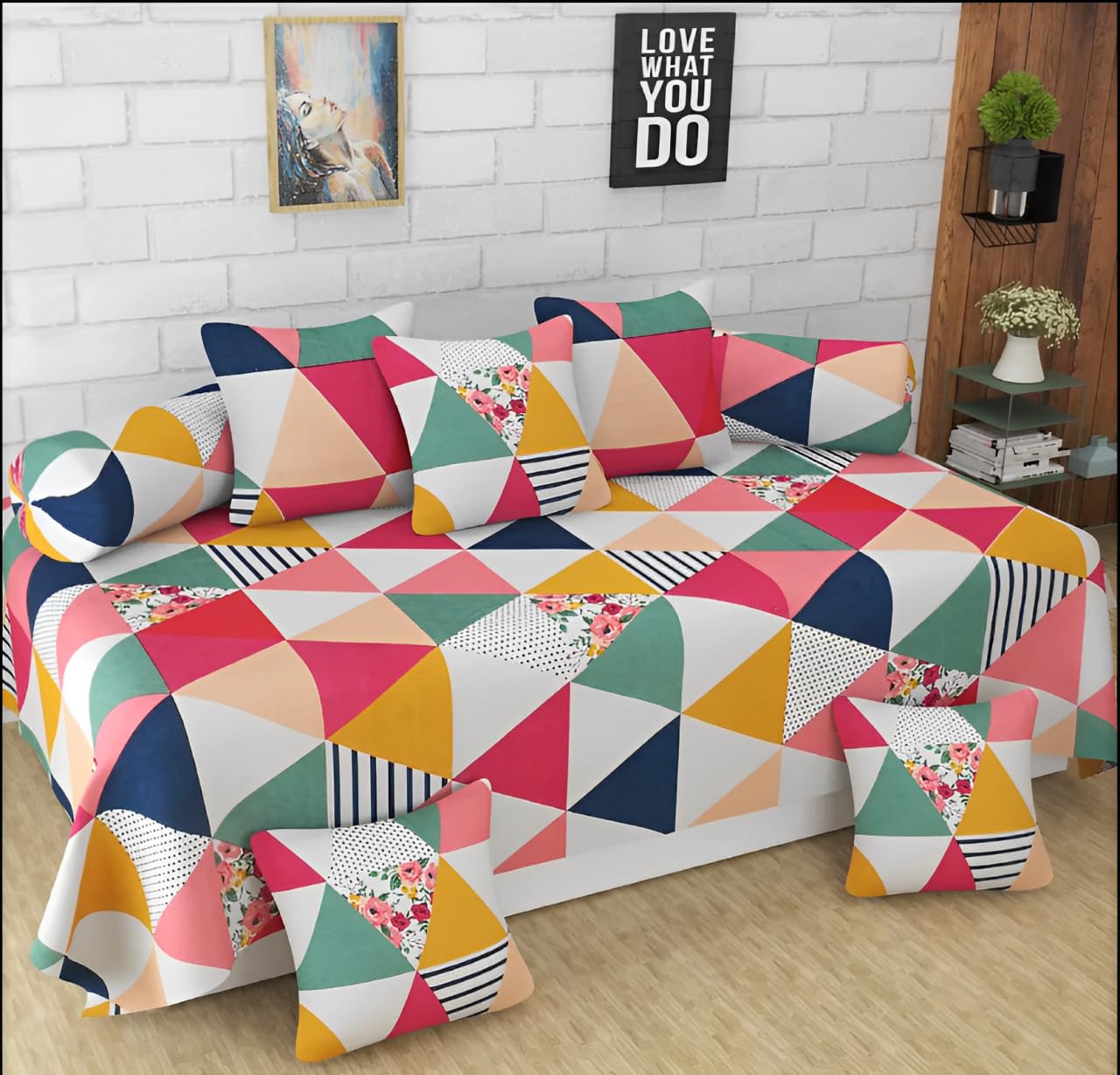 Floral Print Diwan Set, Multi-Color Flower Cushion and Bolster Covers, Pink, 8 Pieces (3D)