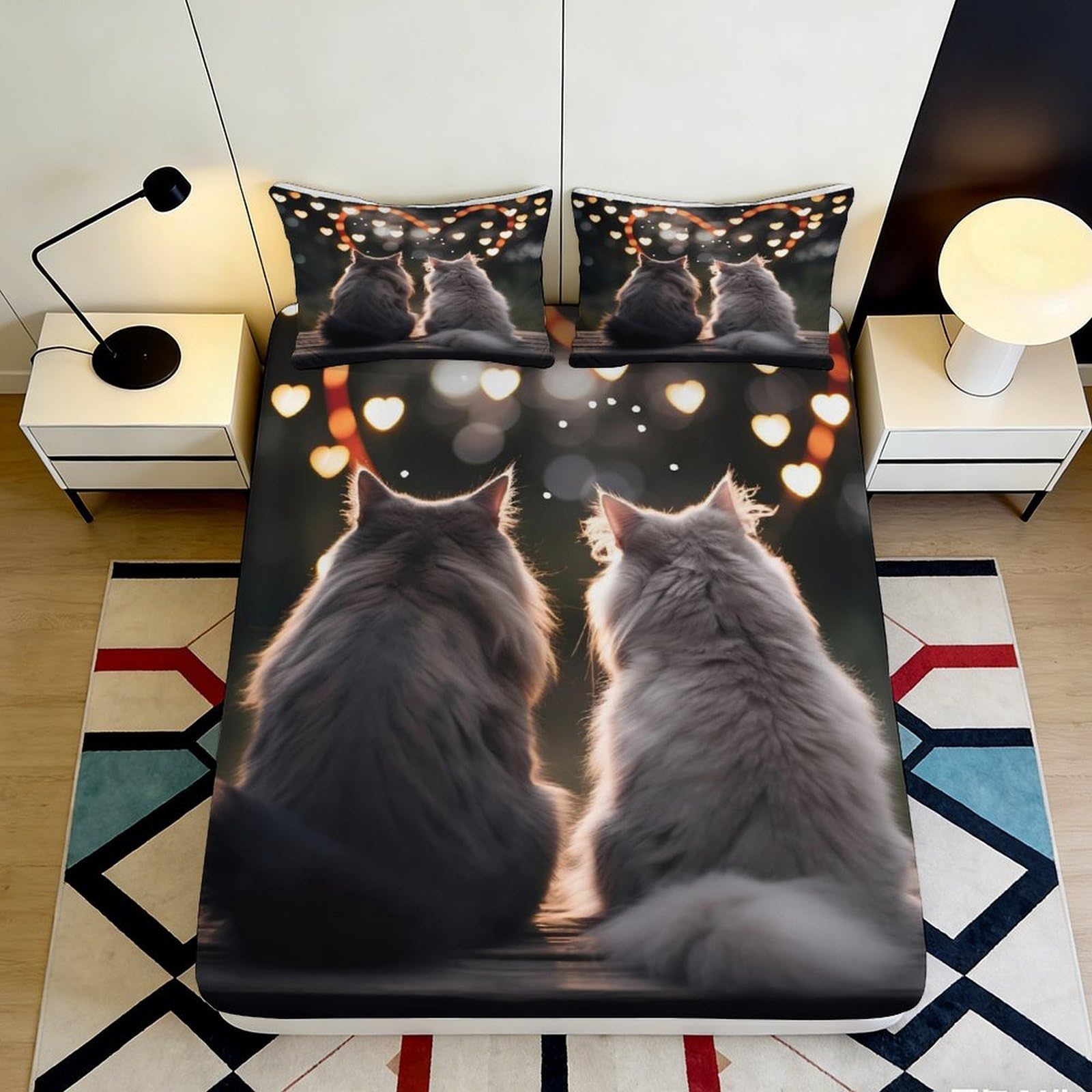 3D Printed Cat Silhouette Fitted Sheet Microfiber Soft Durable Romantic Lights Bed Cover for Bedroom Dormitory Guest Room Mattress Protection Decor 120x200x25cm