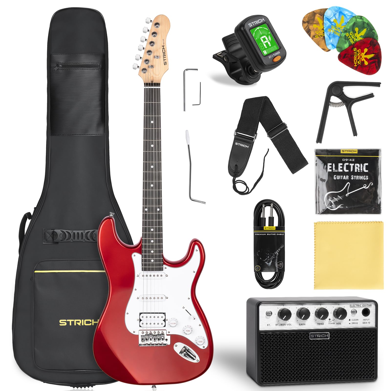 STRICH Electric Guitar Beginner Kit, Solid Body 39" Full Size Electric Guitar HSS Pick Up for Starter, with 5W x 2 Amp, Bag, Digital Tuner, Capo, Strap, String, Cable, Picks, SST-S20 Metal Red