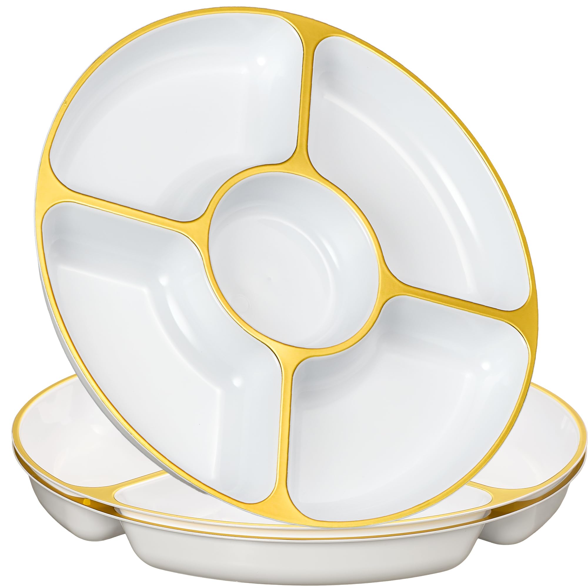 Photo 1 of PLASTICPRO 5 Sectional Round Plastic Heavy duty Serving Tray/Platters White With Gold Rim Pack of 2