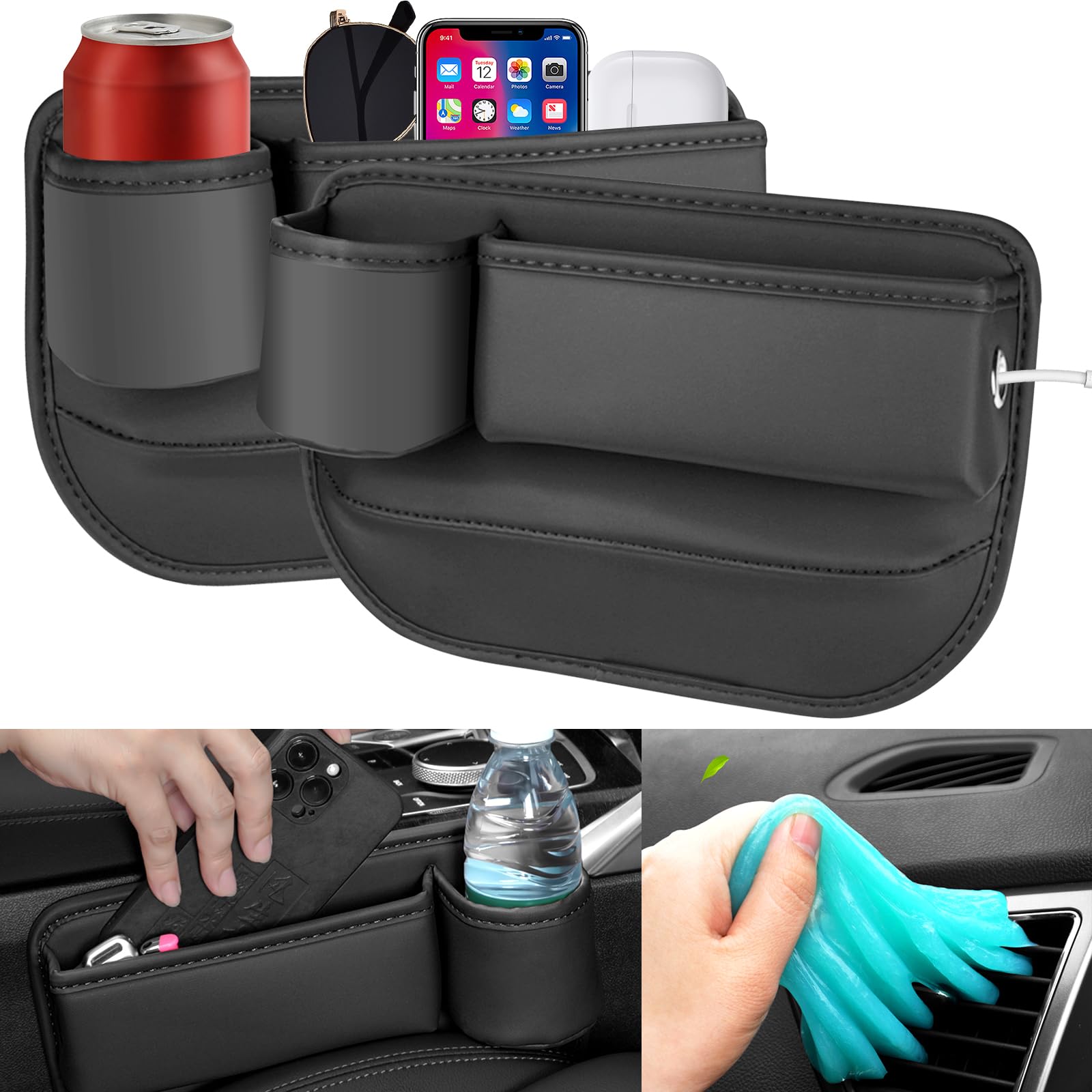 2 Pack Car Seat Gap Filler with Organizer,Car Leather Cup Holder Gap Bag Cars Front Seat Gap Filler with Cup Holder Black Seat Gap Storage Box
