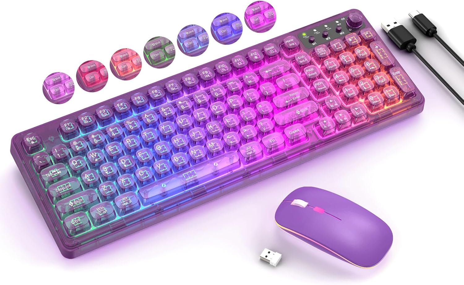 Purple Light Up Keyboard and Mouse Wireless,Cute 2.4Ghz Cordless Rechargeable Transparent Backlit Keyboard,15 Backlight Effects,Volume Knob,RGB Mouse with 3 DPI for Mac Computer PC Laptop Desktop iPad K04 Purple