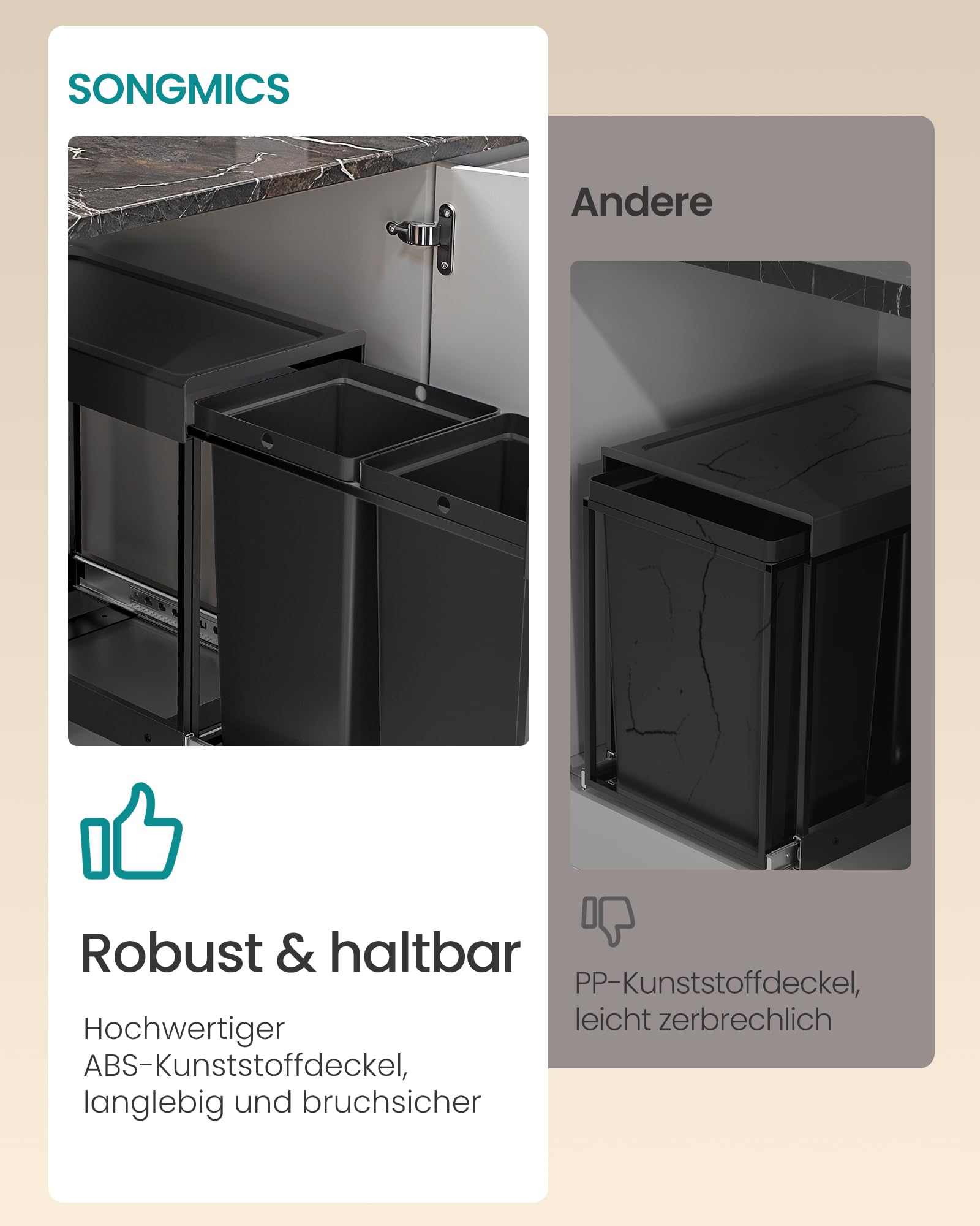 SONGMICS Mülleimer Küche, ausziehbar, Stahlrahmen, ABS-Deckel | Mülltrennsystem für Unterschrank, 2 x 20 L, Abfalleimer 2 Fächer, tintenschwarz LTB951B01