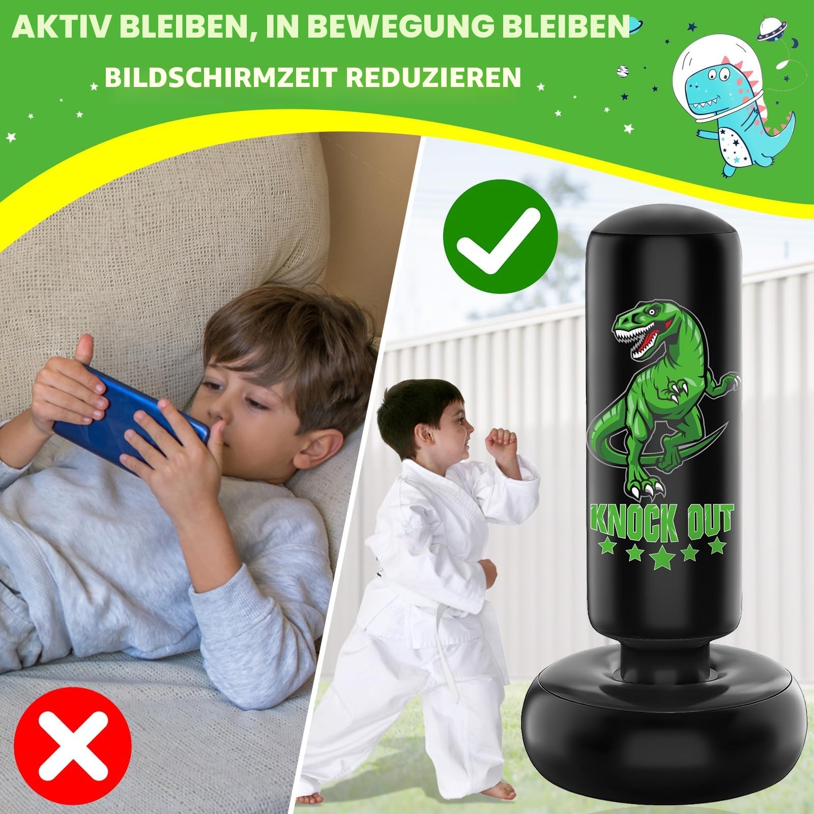 Boxsack Kinder - 160 cm Freistehender Boxing Set mit Boxhandschuhen - Wilder Dinosaurier Sport Aufblasbarer Kickboxen für Training Karate Taekwondo MMA