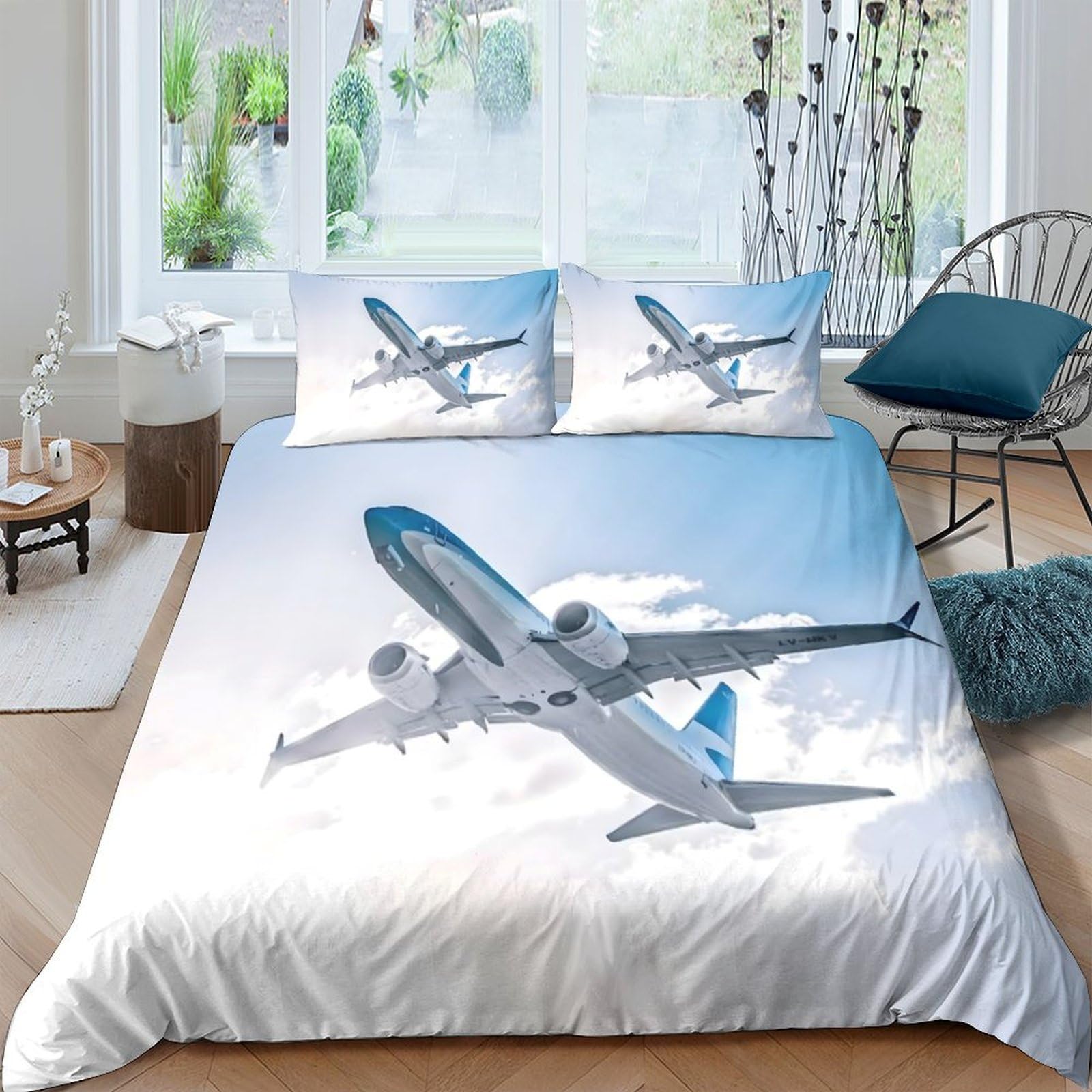 Ctjqhvkz Style-9 3D Printed Blue Sky Airplane Fitted Sheet Microfiber Soft Mattress Cover For Bedroom Dorm Guest Room Decor Easy Care Single（135X200cm）
