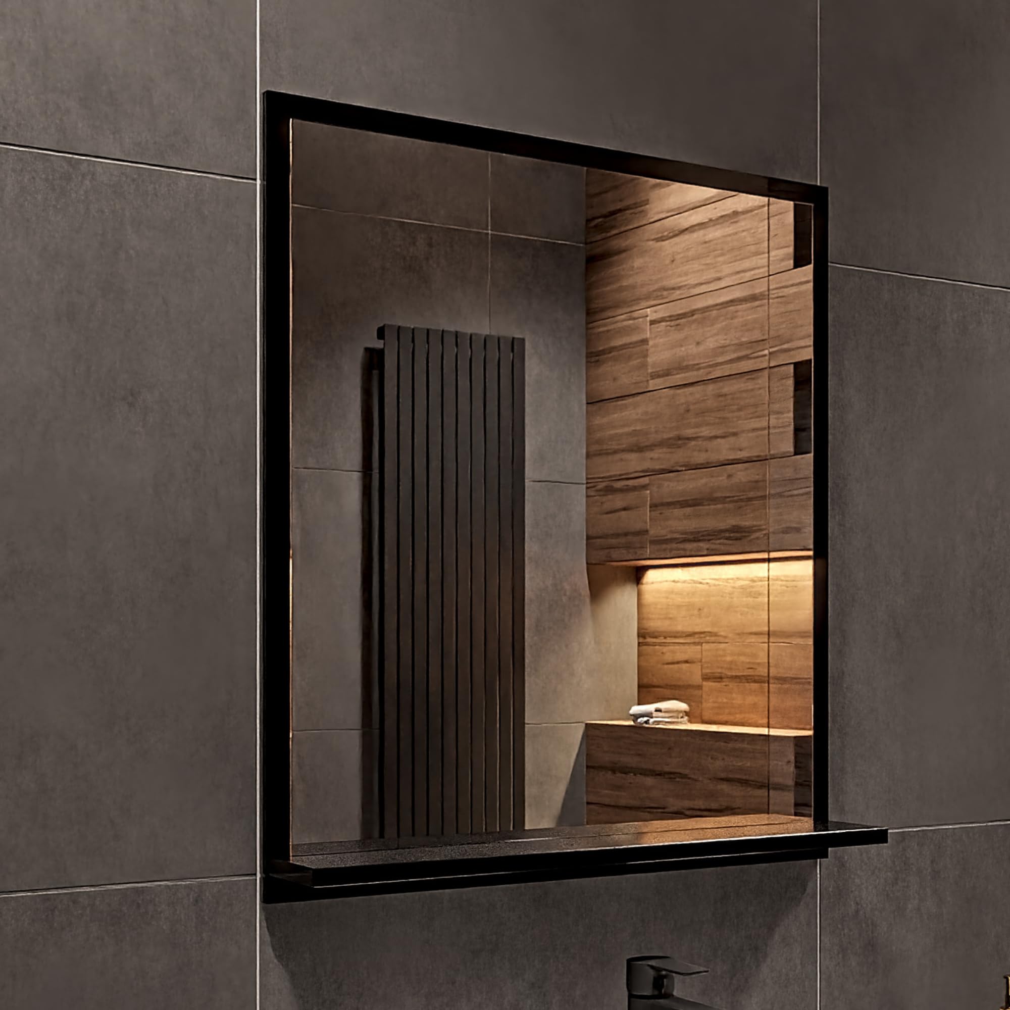 Specchio da Parete con Mensola da Bagno Nero A: 70 cm x L: 60cm - Specchio da Bagno con Ripiano, Trucco, Salotto, Corridoio
