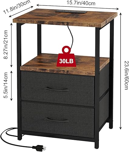 Miniatura 3 de Fixwal Mesita de noche con estación de carga, mesita de noche con cajones de tela, mesita de noche para dormitorio, marrón rústico y negro